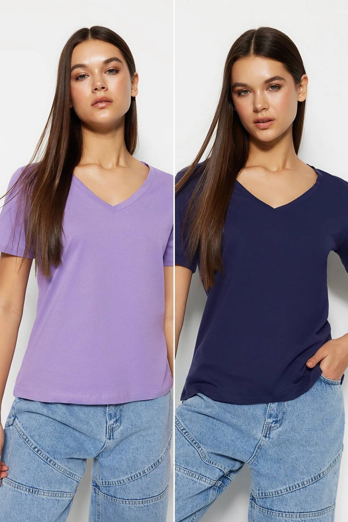 Trendyol Collection  Marineblau-Lila, 100 % Baumwolle, 2er-Pack Basic-Strick-T-Shirts mit V-Ausschnitt TWOSS23TS00002