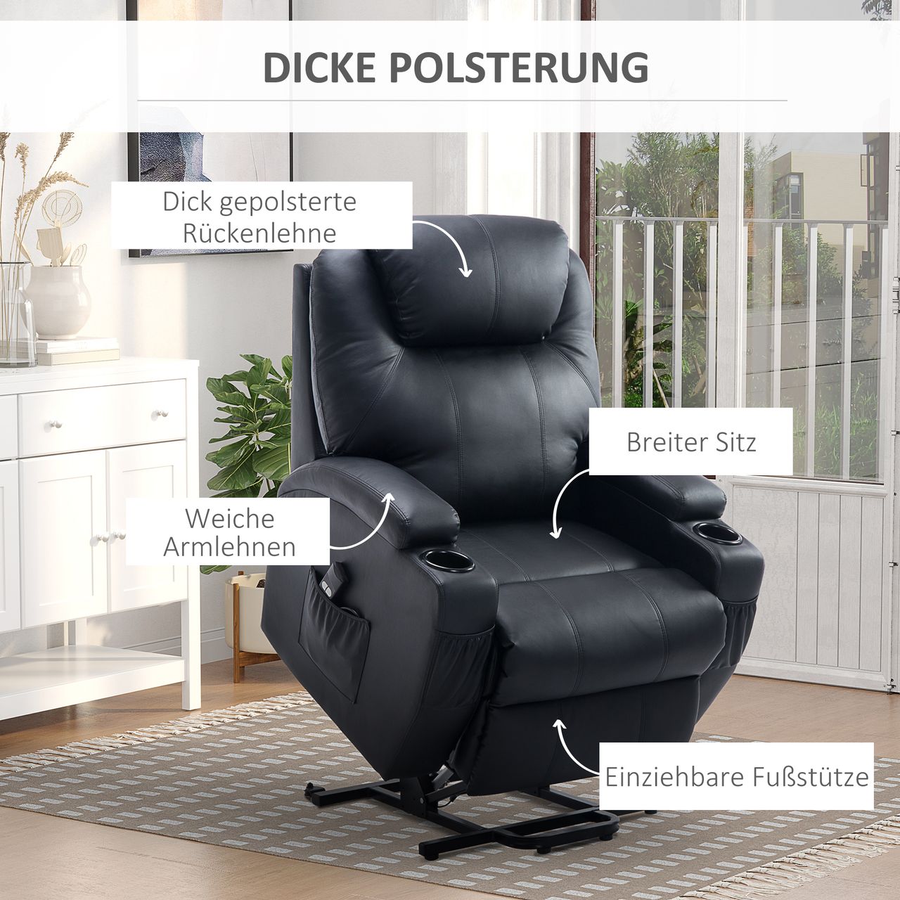 HOMCOM Aufstehsessel Sessel mit Aufstehhilfe Kunstleder Metall Schwarz