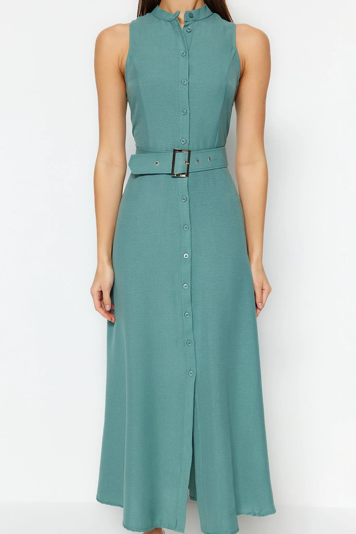 Trendyol Collection  Mintfarbenes, gewebtes Midi-Hemdkleid mit Gürtel TWOSS23EL01628