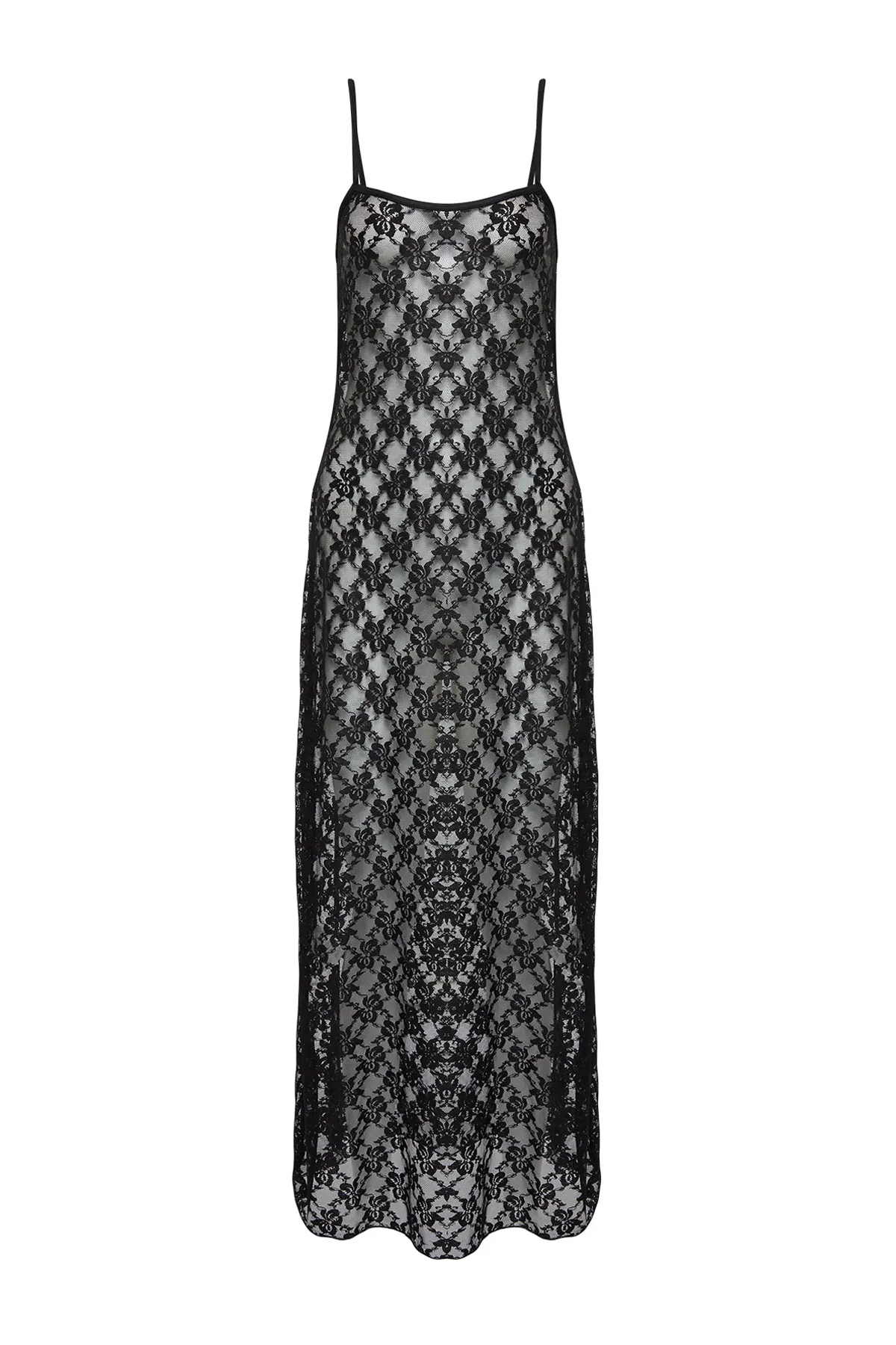 Trendyol Collection  Schwarzes, figurbetontes, flexibles Maxi-Bleistiftkleid aus Strick mit Spitzenträgern TWOSS24EL00574