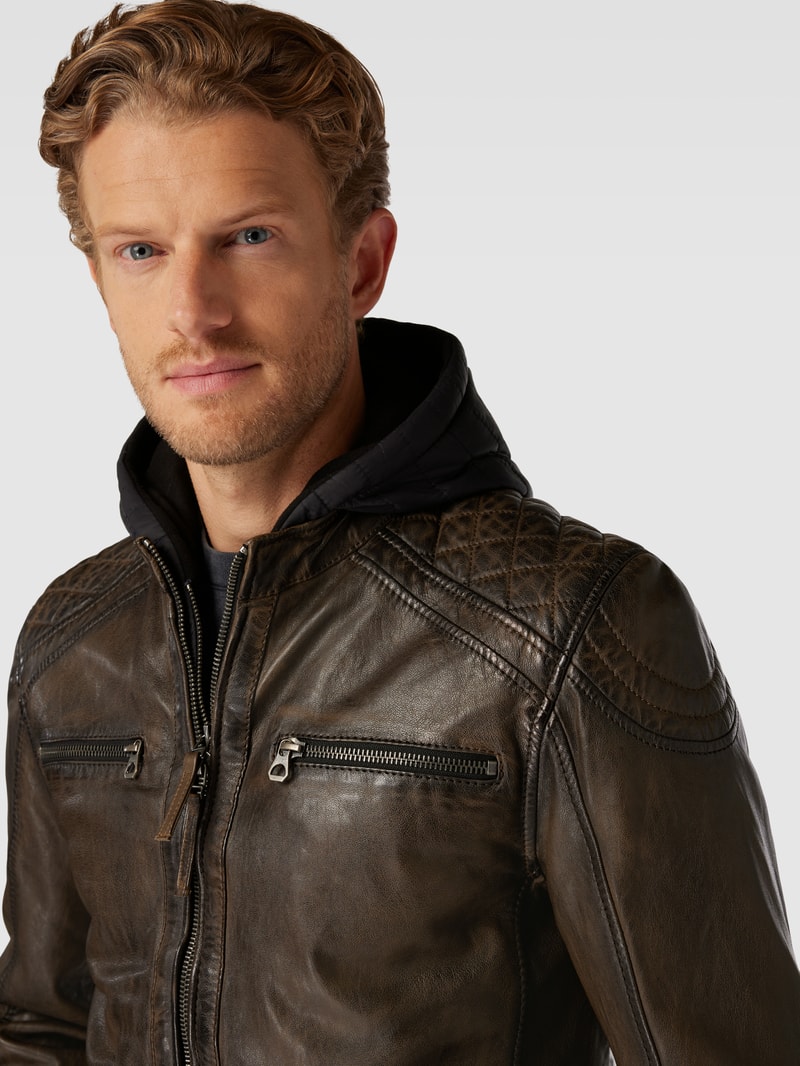 Lederjacke mit Kapuze in khaki