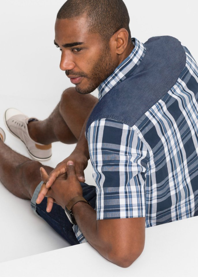 Kurzarmhemd mit Denim-Besatz