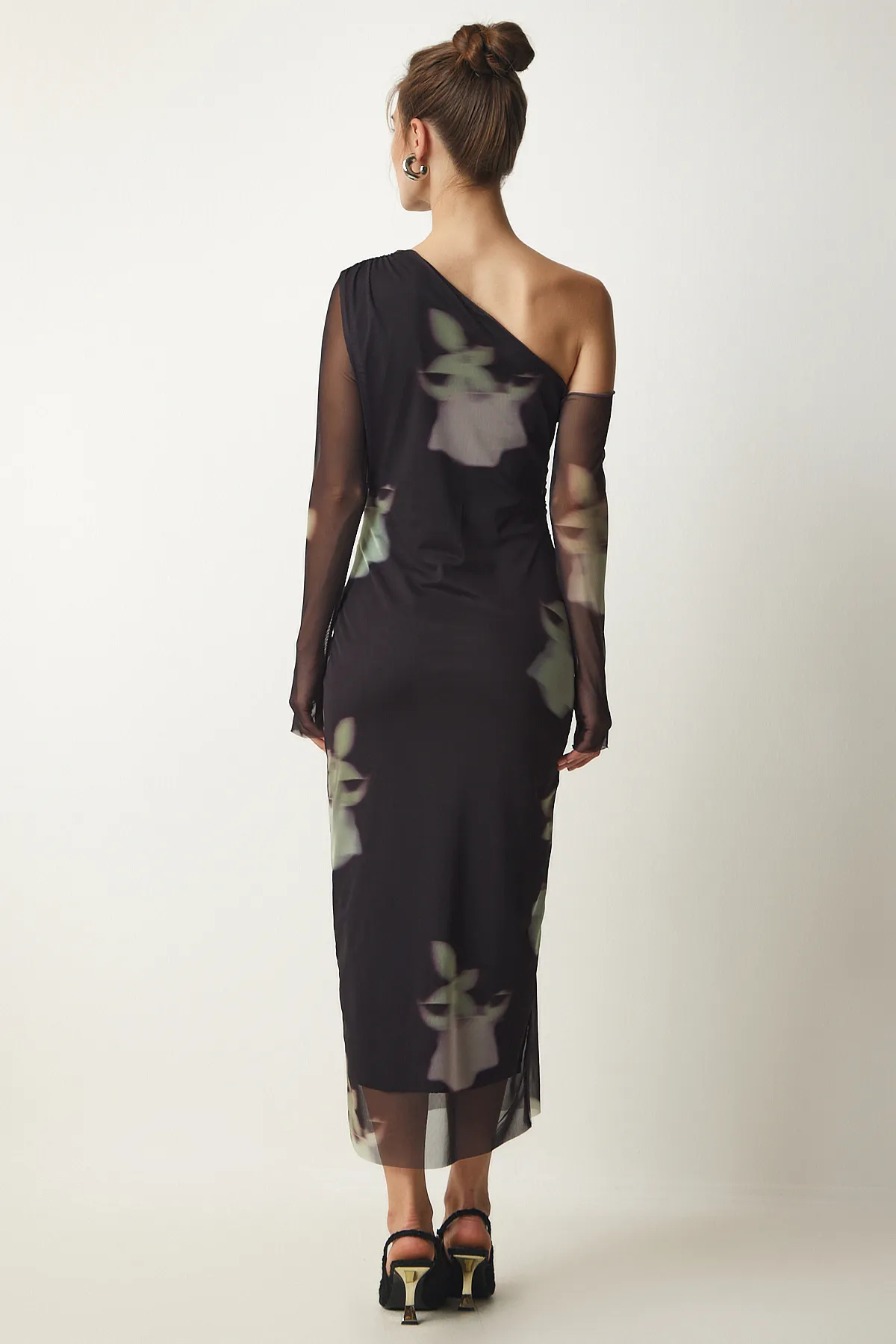 Happiness İstanbul  Schwarzes One-Shoulder-Chiffonkleid mit Muster für Damen DP00192
