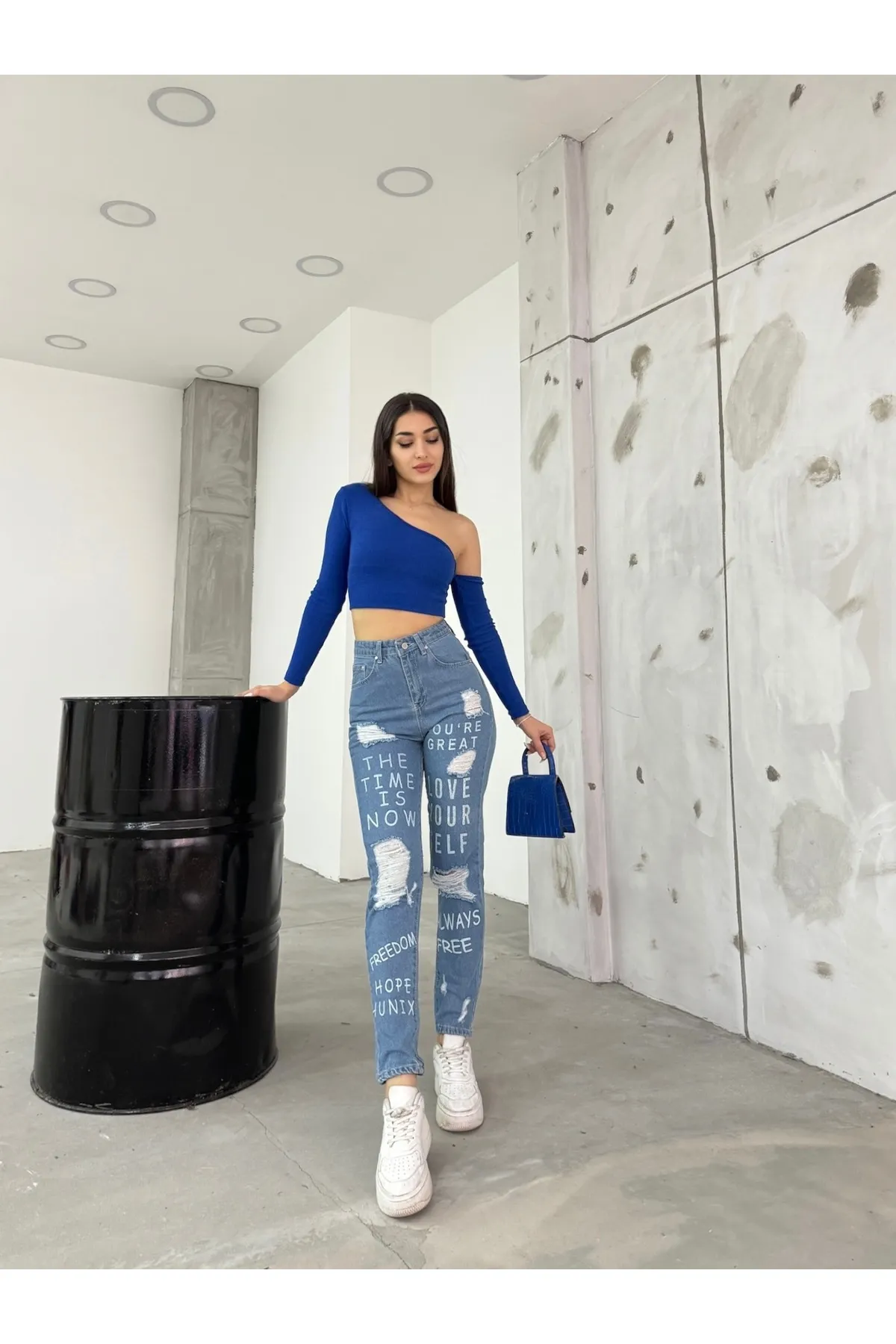 BİKELİFE  Blaue, zerrissene, detaillierte Mom-Damenjeans mit hoher Taille