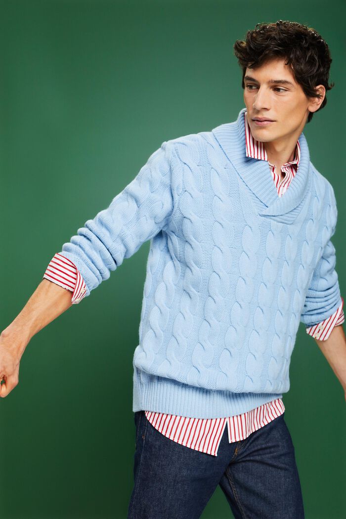 Zopfstrickpullover aus Wolle mit Schalkragen