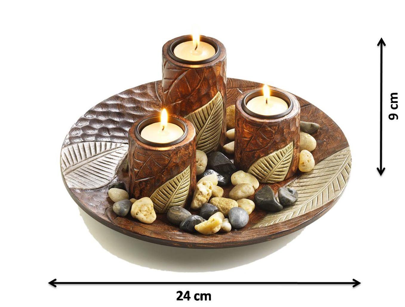 Kobolo Kerzenhalter Dekoschale braun rund mit drei Kerzenhaltern (Set)