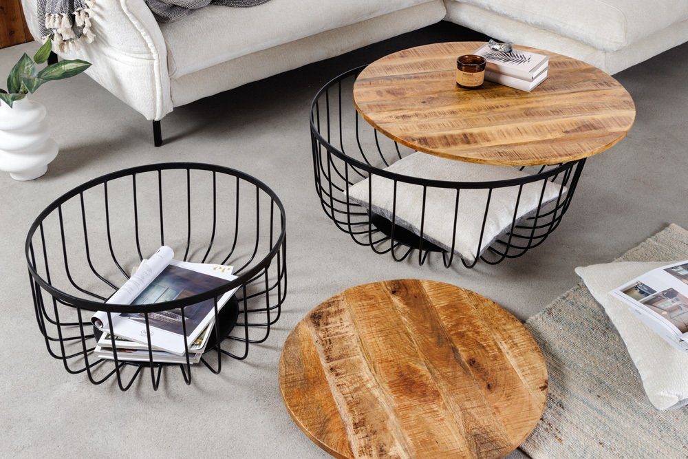 riess-ambiente Couchtisch STORAGE Ø70cm natur / schwarz (Set, 2-St), Massivholz · Metall · rund · Mango · Wohnzimmer · Industrial
