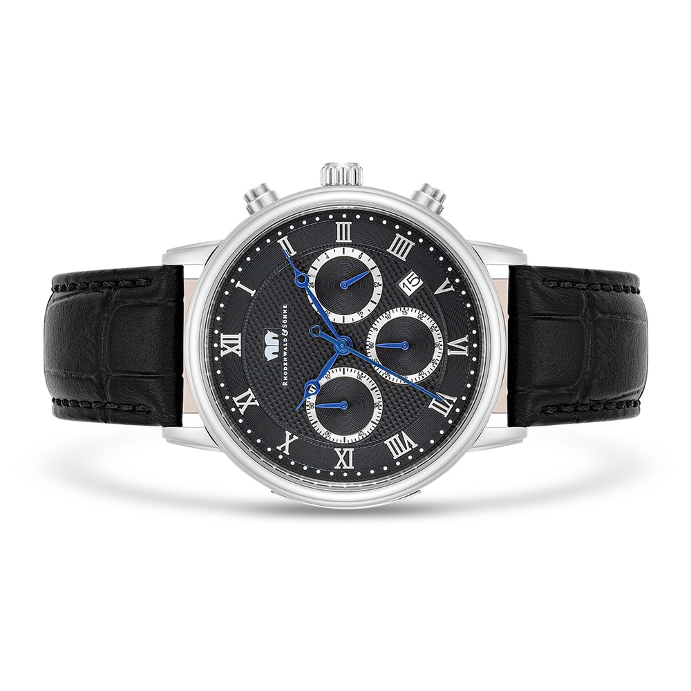 Rhodenwald & Söhne Chronographe Moonlight en Argent Cuir véritable en Noir Montre