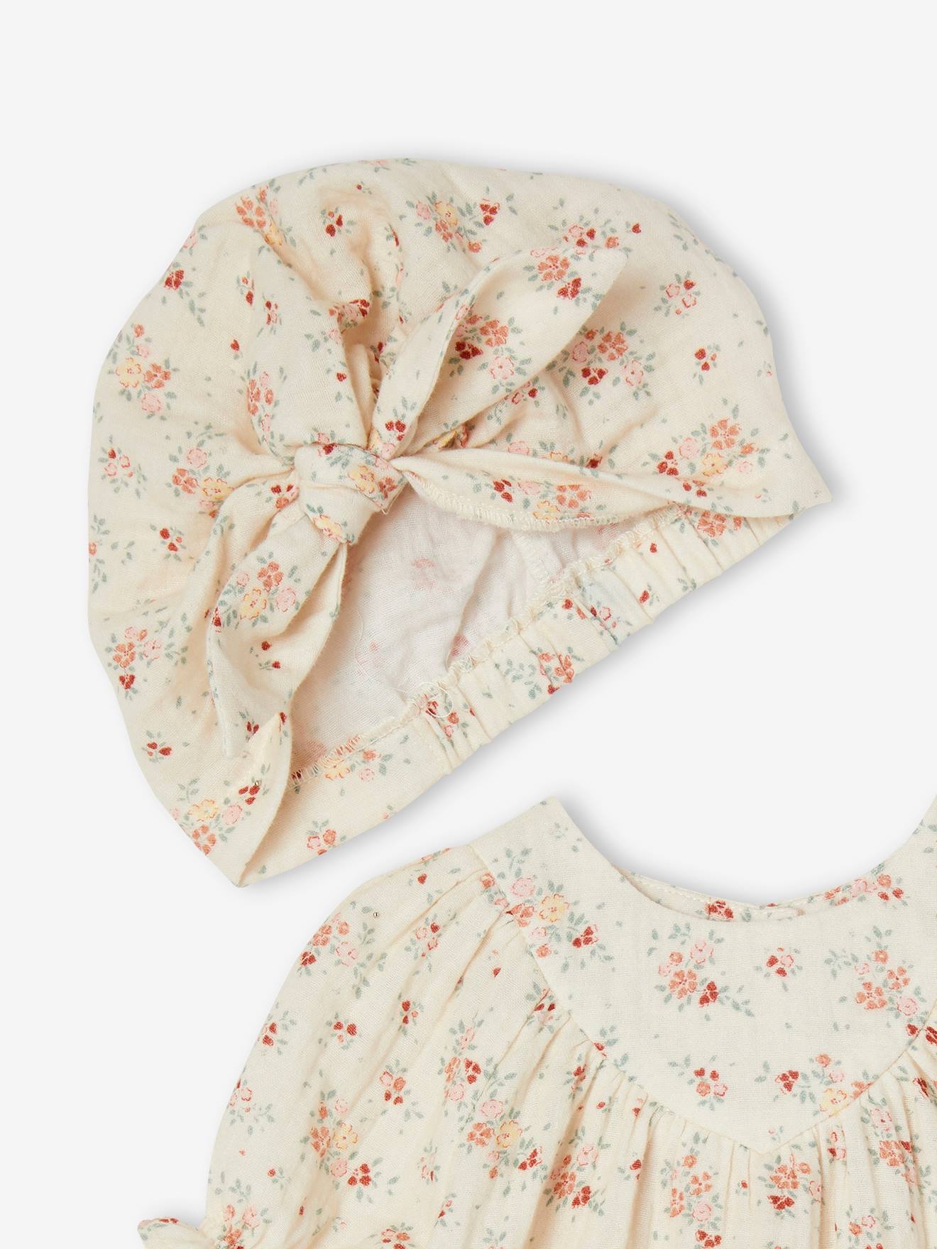 Ensemble bébé 3 pièces en gaze de coton : robe + bloomer + turban écru