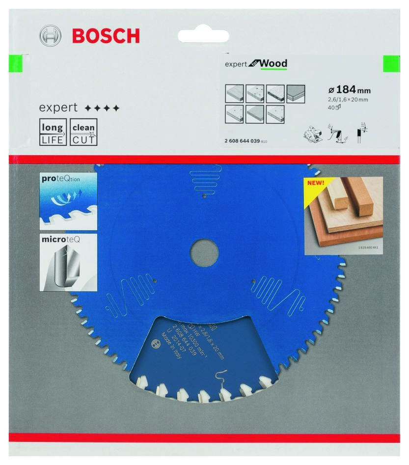 Bosch Blue Accessories 2608644039 Tarcza tnąca z węglików spiekanych Expert do drewna 184 x 20 x 40 zębów