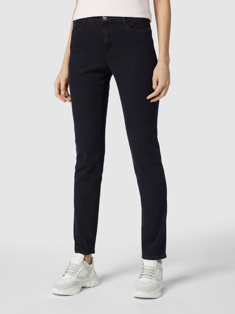 Jeans mit Label-Patch aus Leder Modell 'Carola' in marineblau