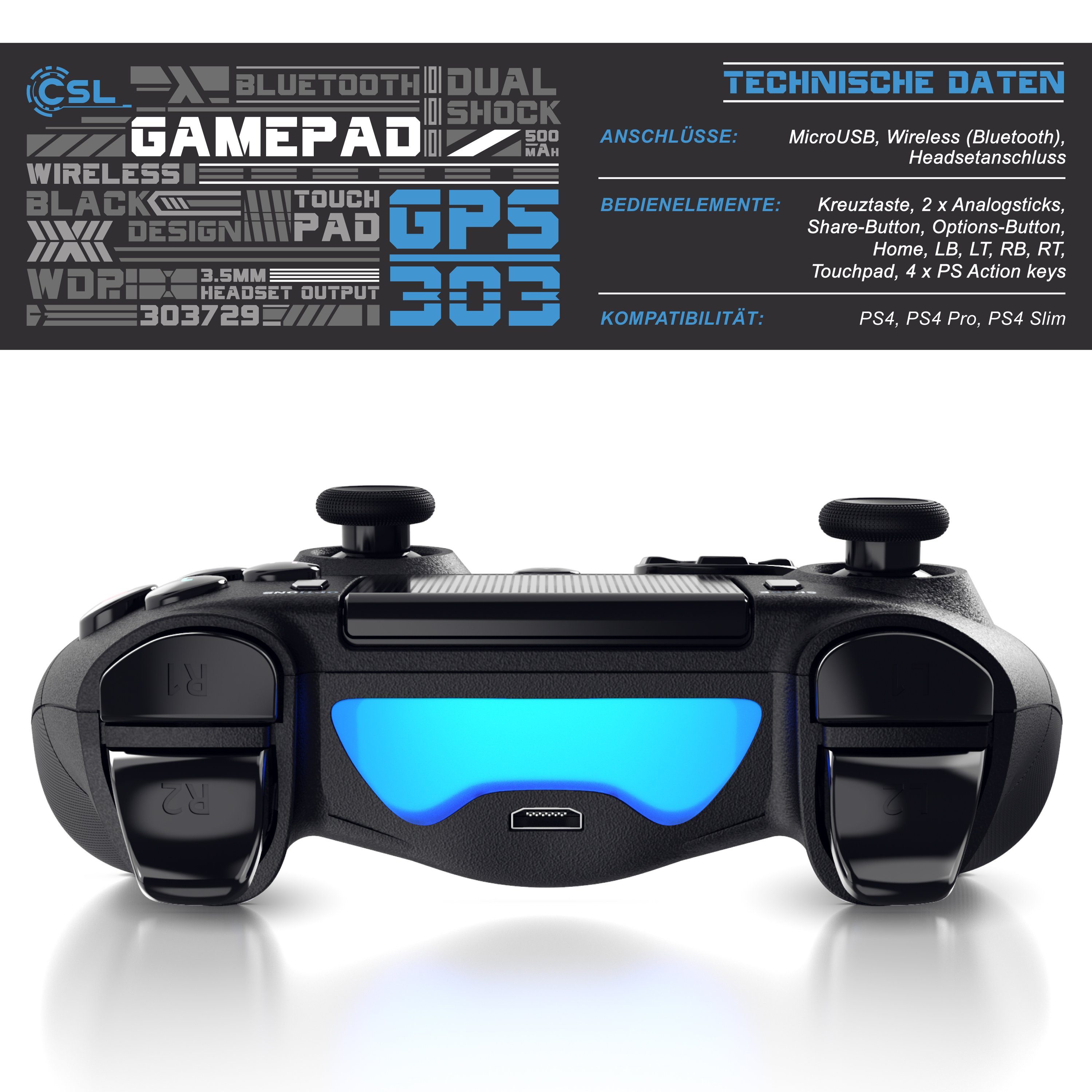 CSL PlayStation 4-Controller (1 St., Bluetooth Gamepad für PS4, Dual Vibration, Touchpad, 3,5mm, Gyrosensor)