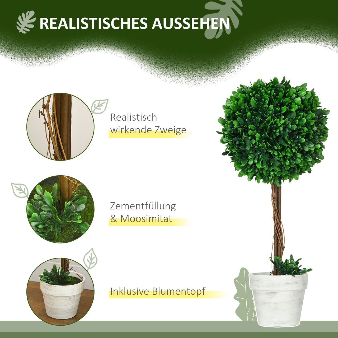 HOMCOM Künstliche Pflanzen, 2er-Set UV-beständige Kunstpflanze, 60 cm Buchsbäume