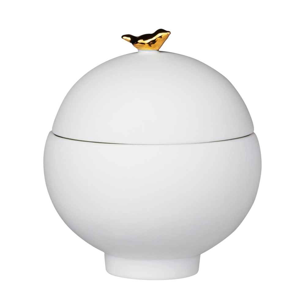 Dose Goldvogel weiß/goldfaben