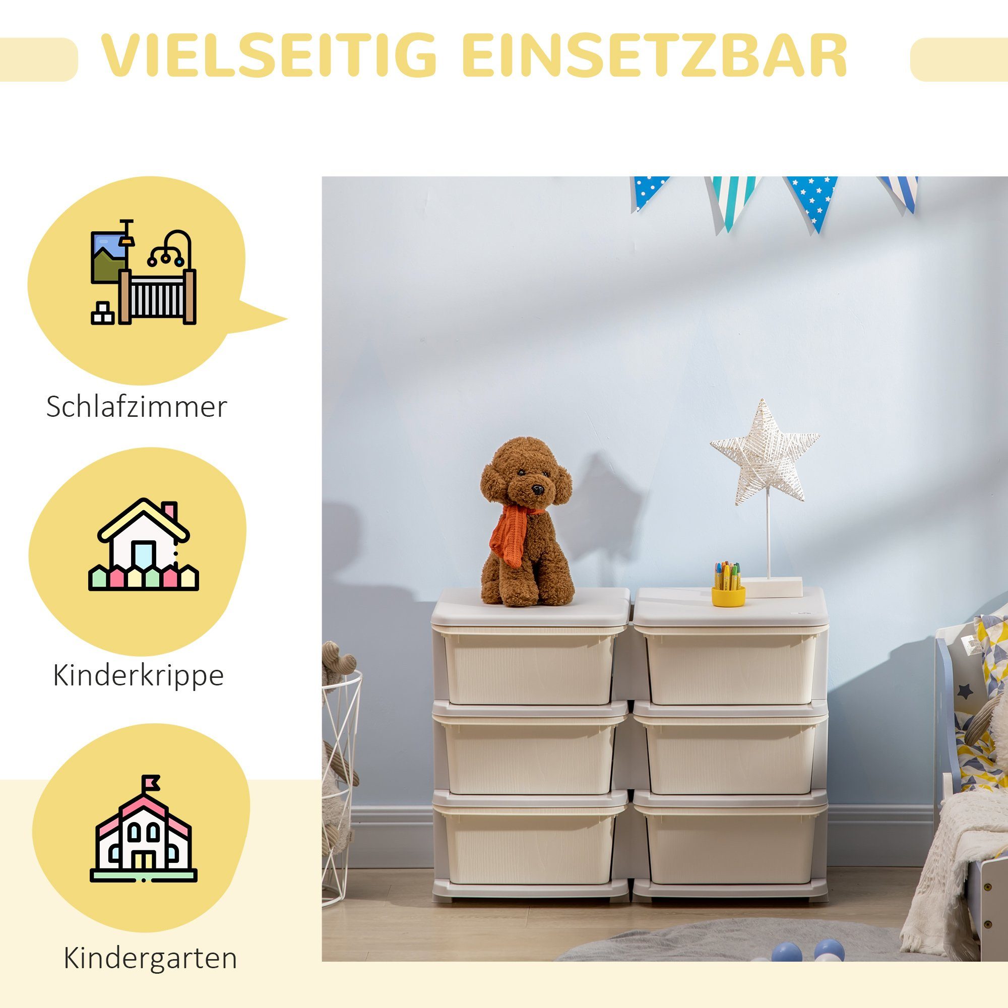 HOMCOM Spielzeugtruhe Schubladenschrank für Kinder Aufbewahrungsboxen mit 6 Ebenen Creme (Spielzeugkiste, 1 St., Spielzeug-Organizer), einfach zu Reinigen