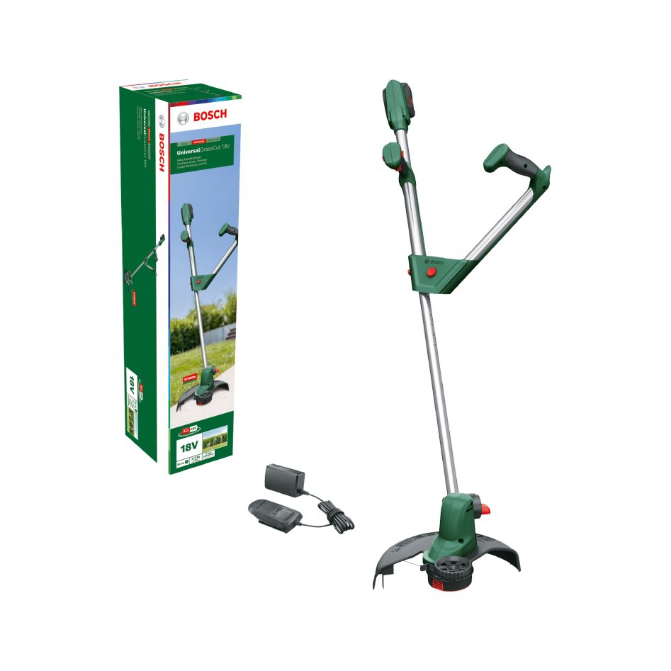 Desbrozadora inalámbrica Bosch Green 06008C1E03 UniversalGrassCut de 18 V-26 pulgadas, 1 batería de 2,5 Ah y cargador AL1830CV en caja.