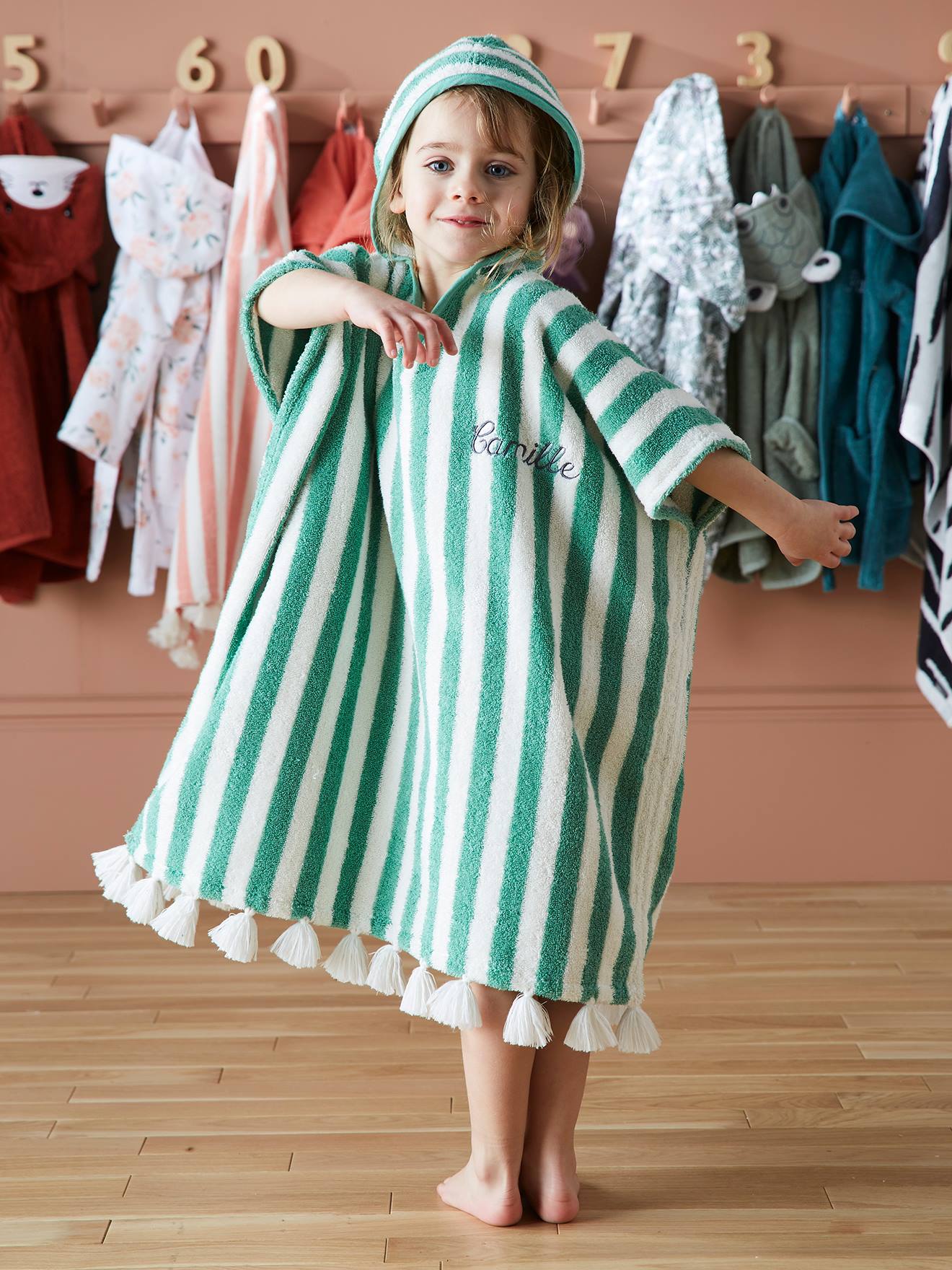 Poncho de bain enfant à rayures personnalisable bleu