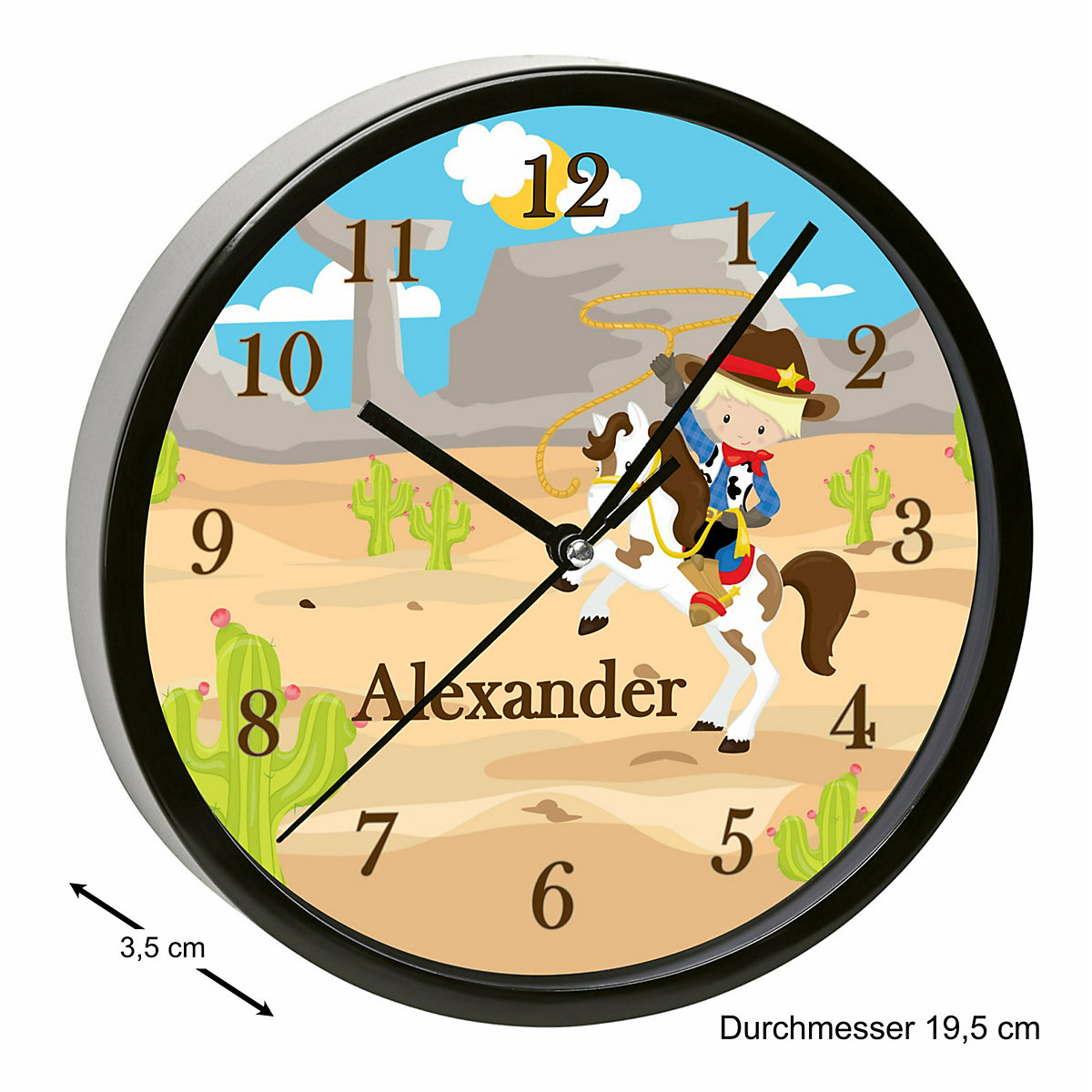 Kinder Wanduhr laufruhig personalisiert mit Name Cowboy
