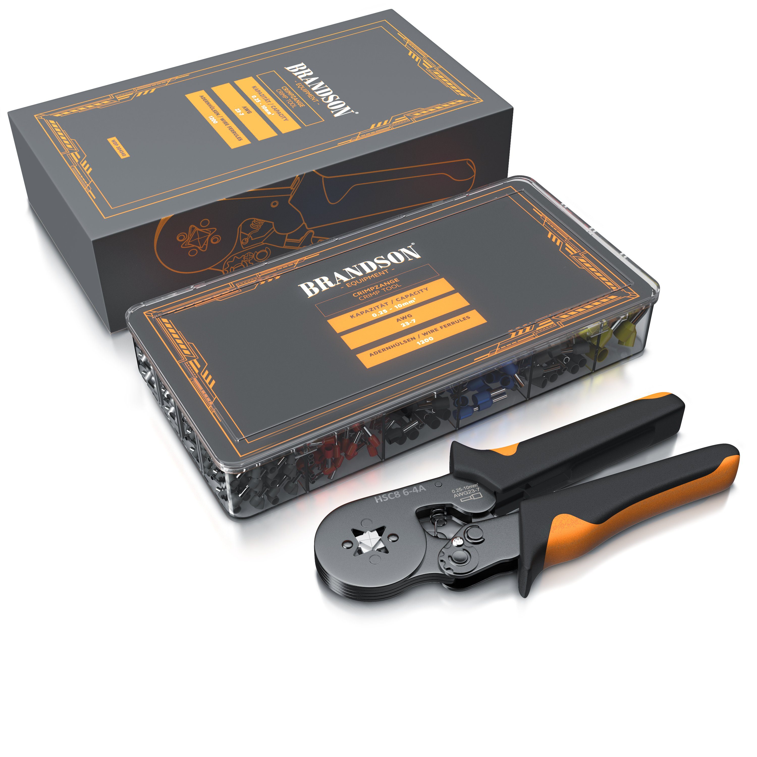 Brandson Abisolierzange, Crimpzange mit 1200 Aderendhülsen, Aderendhülsenzange 0,25mm² – 10mm²