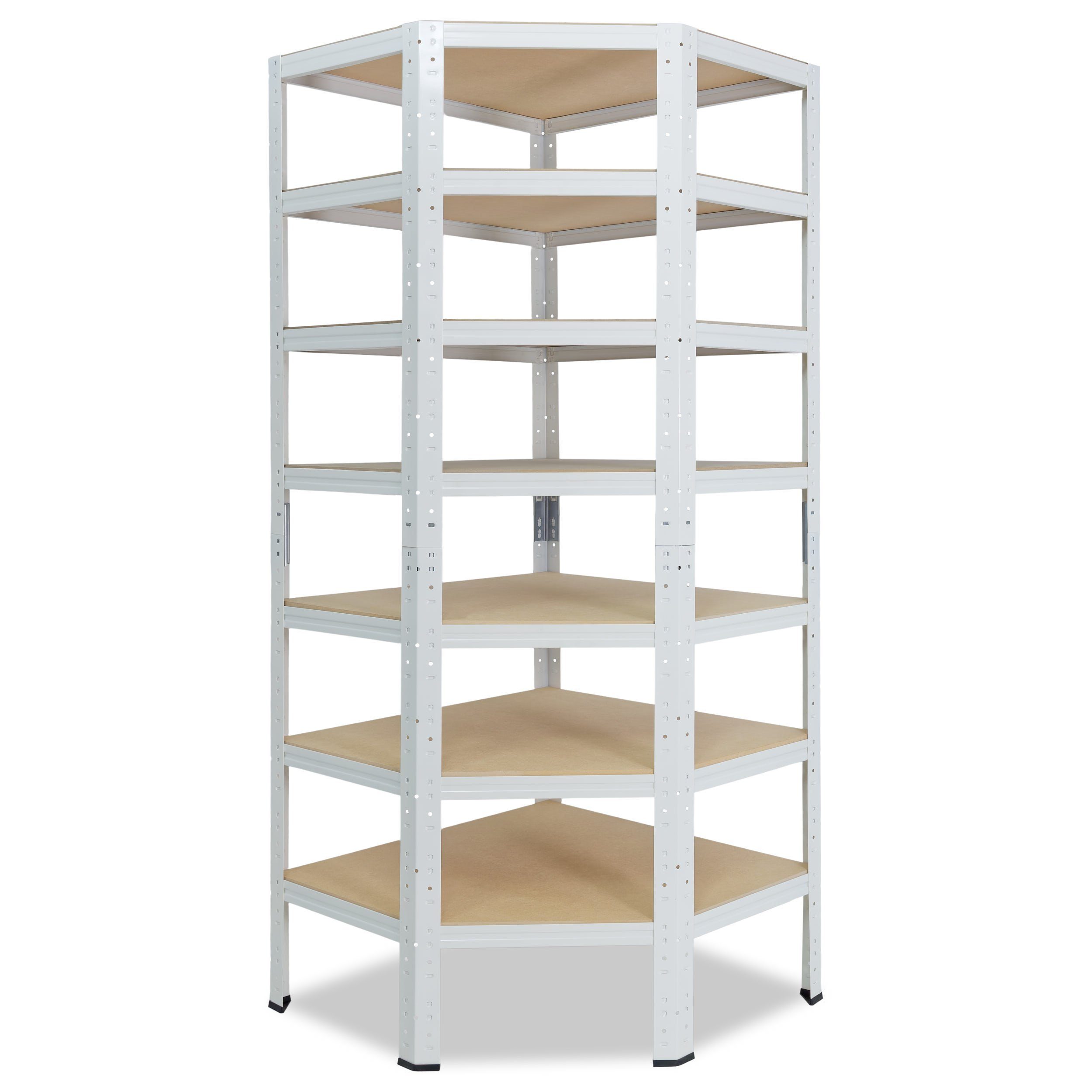 shelfplaza Eckregal HOME, 230x70x40cm weiß, Metall Eckregal stehend mit 7 Böden, Corner Shelf 125kg Tragkraft Schwerlastregal Ecke, Steckregal verzinkt Eckregal Keller Garagen Regal