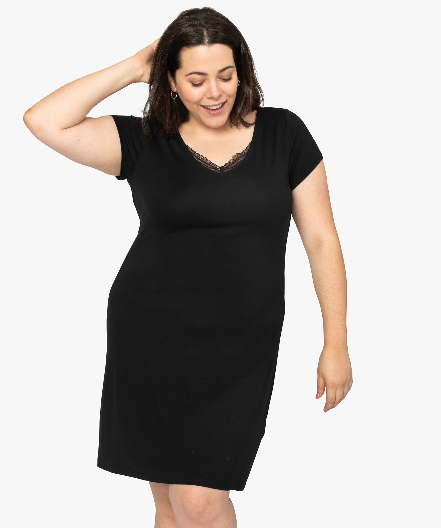 Nuisette femme femme grande taille à manches courtes et col... noir | GEMO