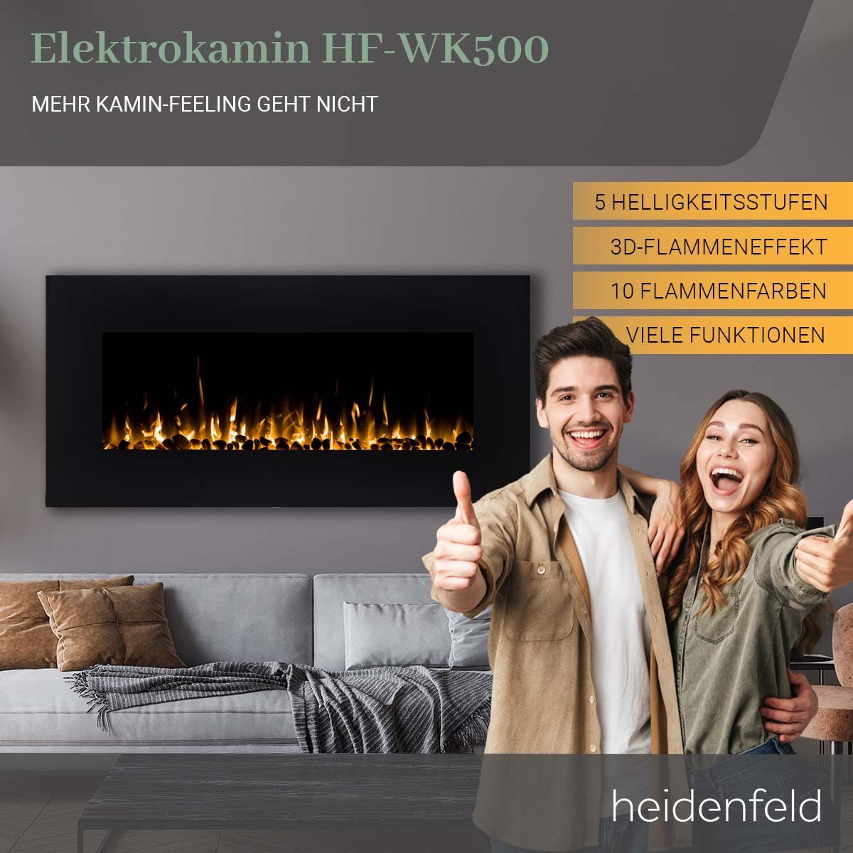Heidenfeld Elektrokamin Kamin Heizung Wandkamin HF-WK500 750/1500 Watt inkl. 3 J. Garantie LED, 3D Flammen - Bluetooth Lautsprecher - Fernbedienung - Elektroheizung