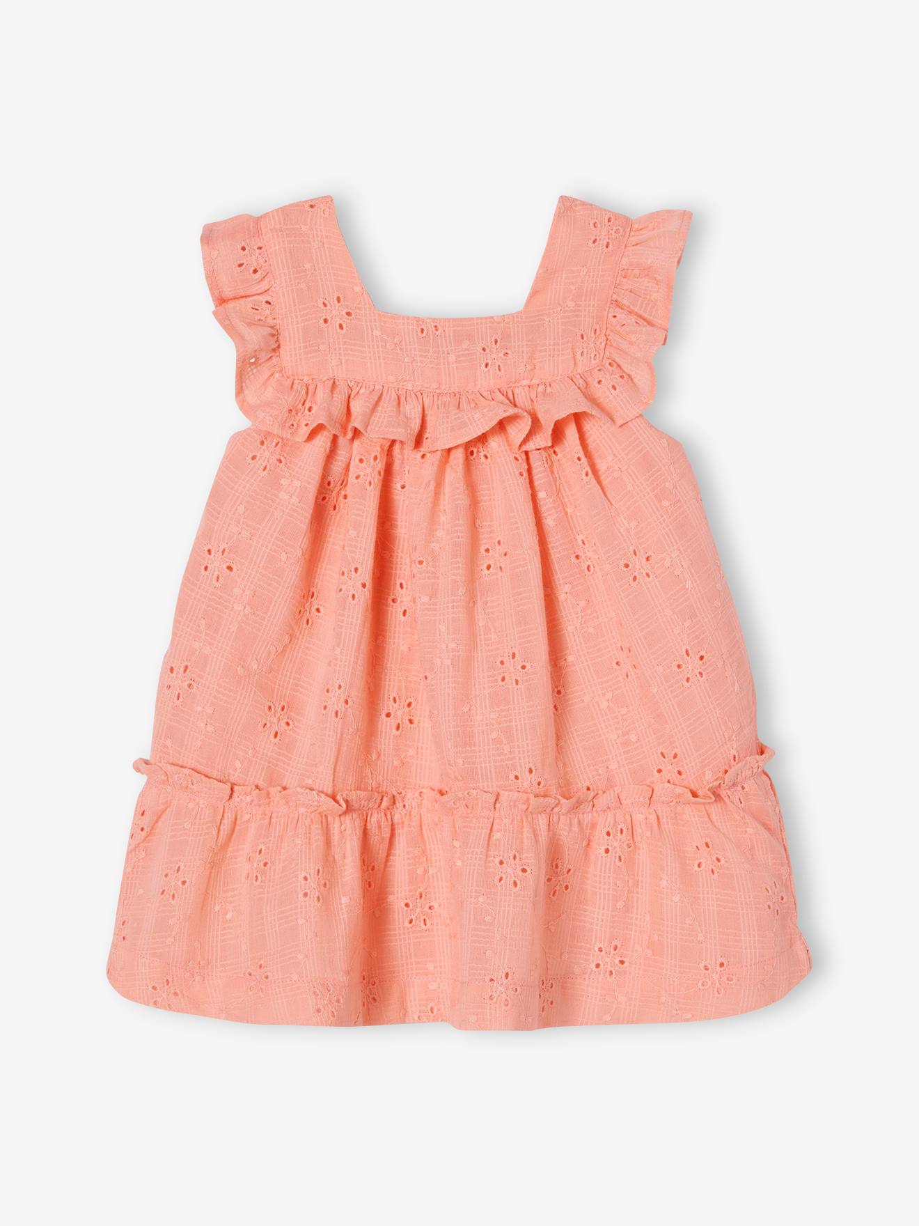 Ensemble en broderie anglaise bébé robe, bloomer et bandeau corail
