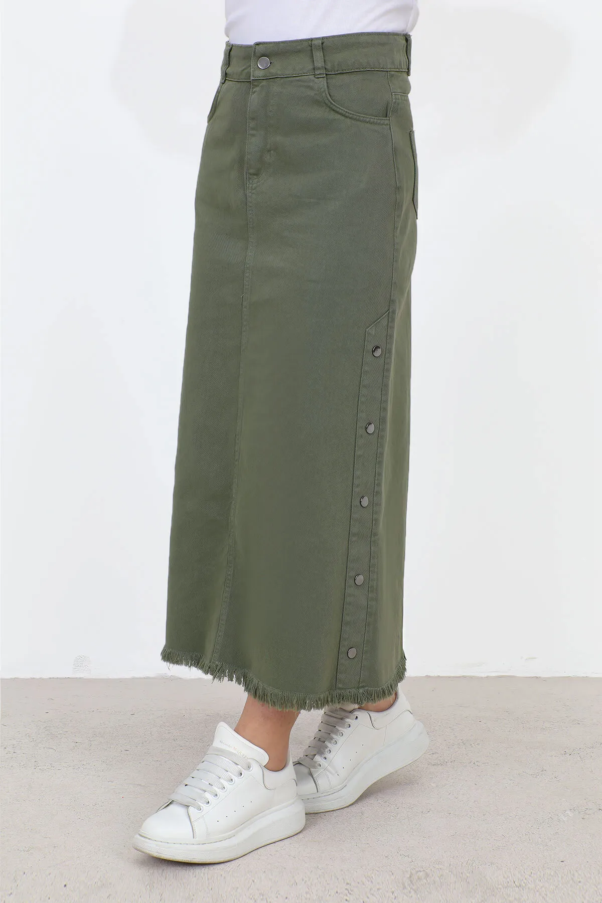 Tesettür Dünyası  Jeansrock mit ausgestellten Seiten TSD22019 Khaki