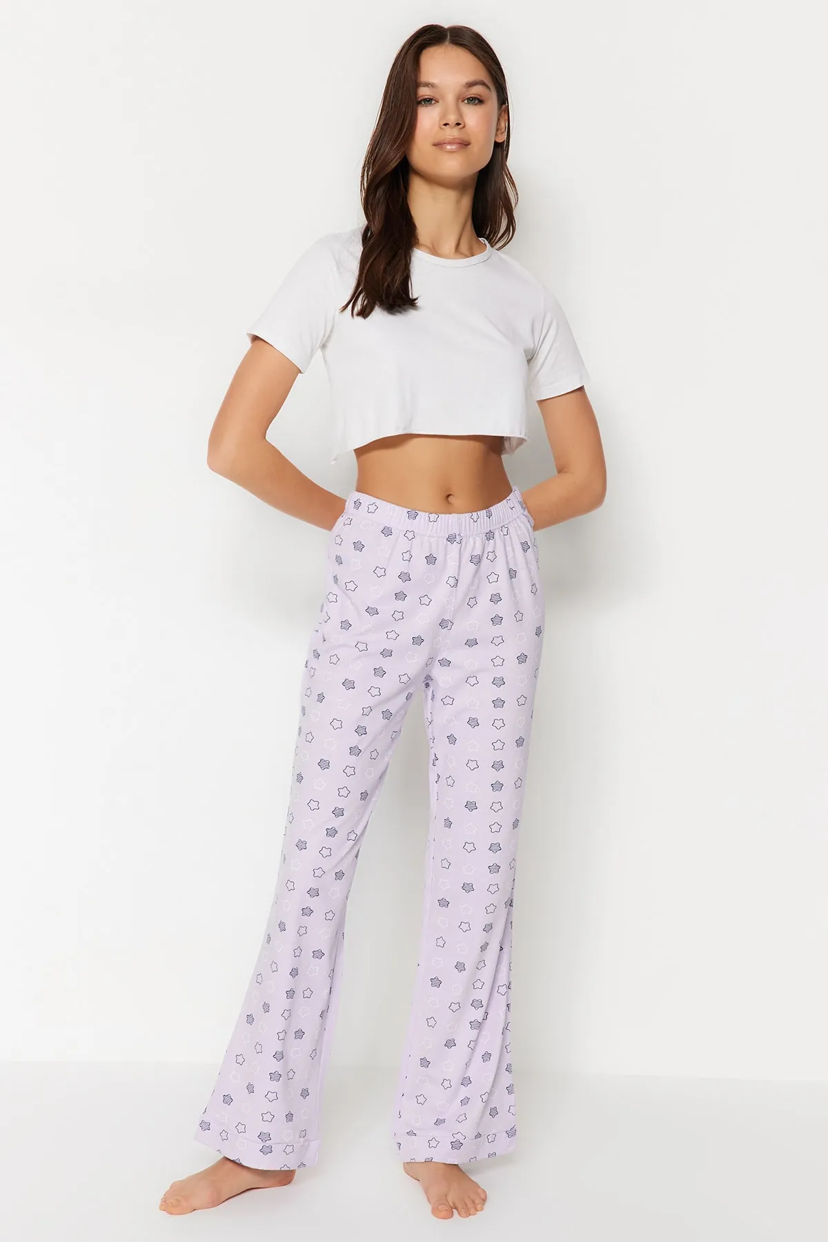 Trendyol Collection  Gestrickte Pyjamahose aus Baumwolle mit Sternenmuster in Flieder THMSS23PJ00003
