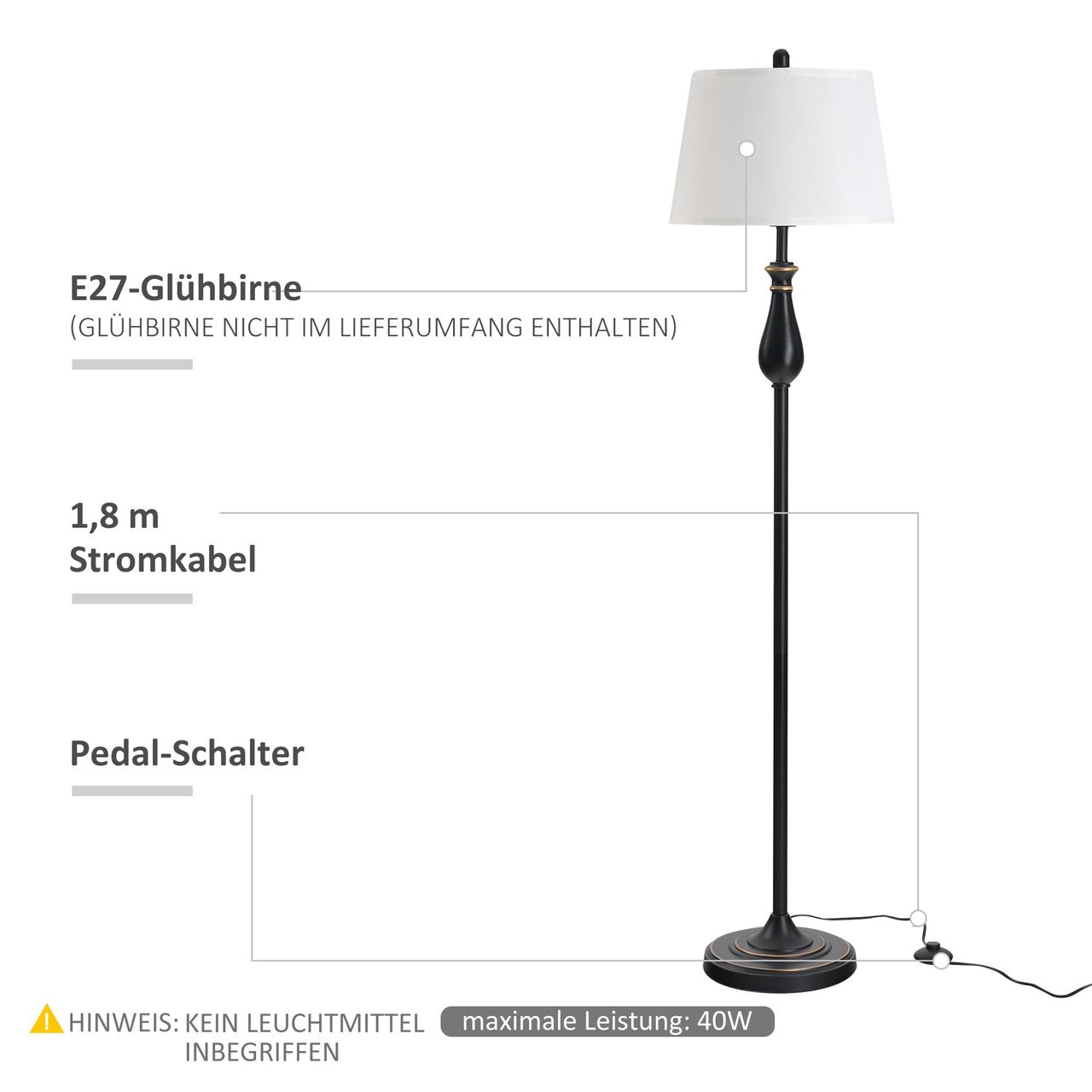 HOMCOM 3er-Lampenset 2 Tischlampe(ø30 x 62H cm)   1 Stehlampe(ø38 x 158H cm) Vintage, Schwarz Weiß, Metall, PS, Polyester, Baumwolle E27 Lampensockel
