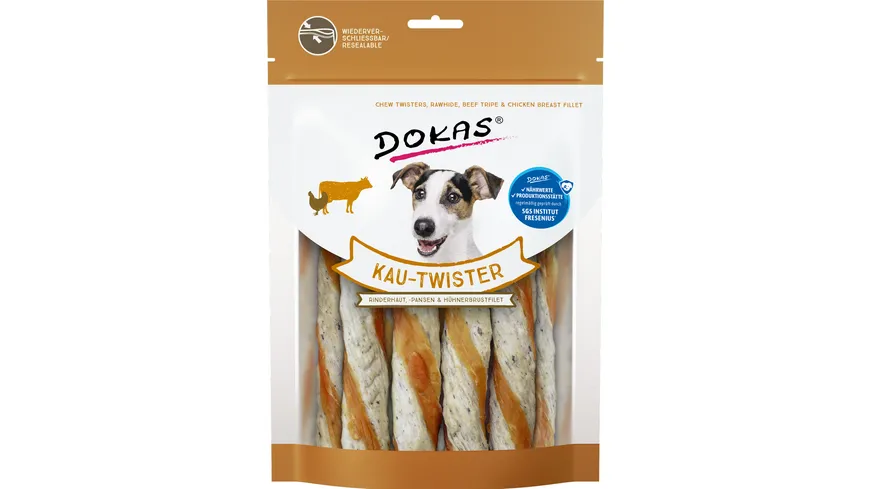 Dokas Hunde Snack Kau-Twister Rinderhaut, Pansen & Hühnerbrust 200 g