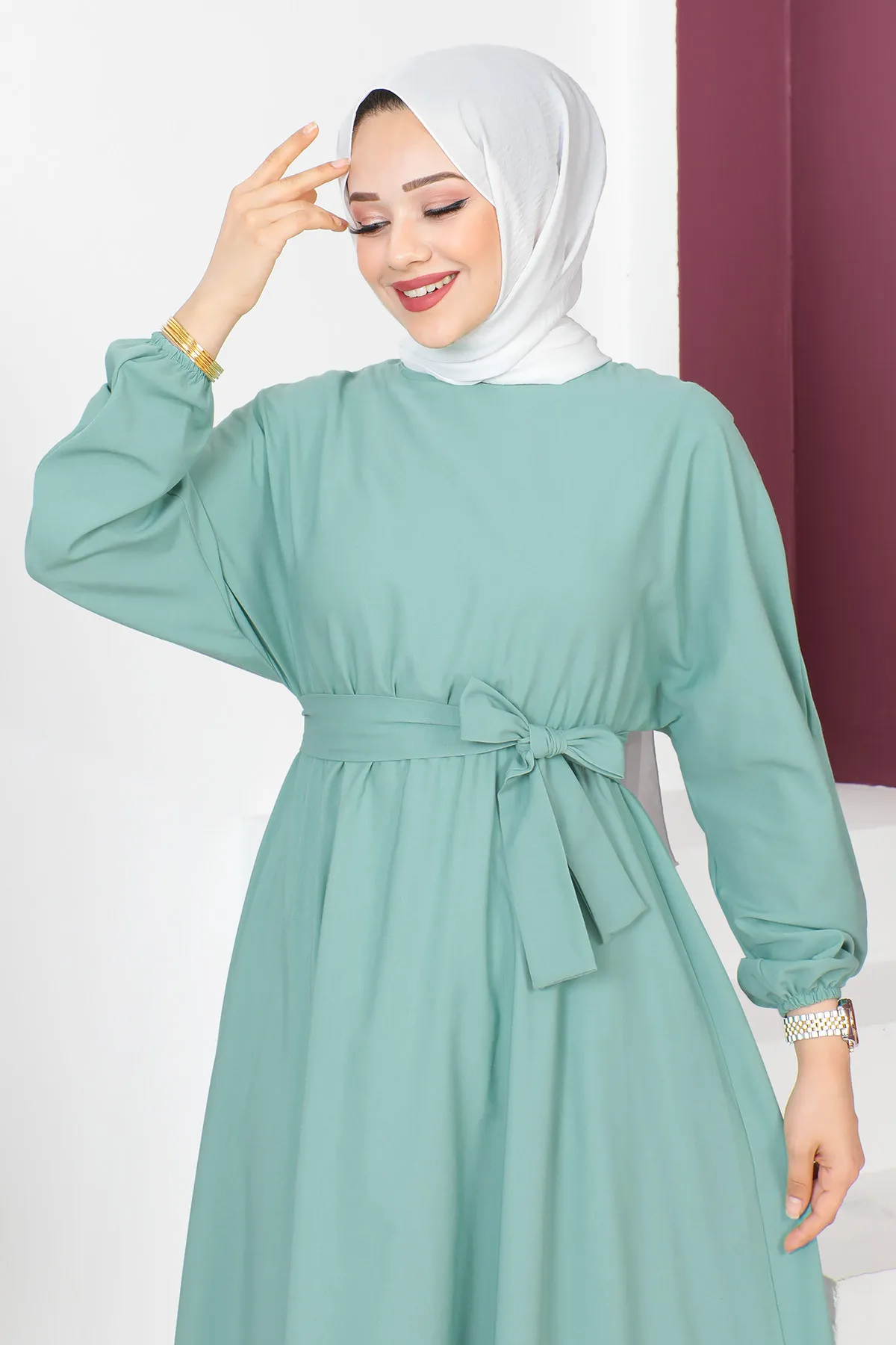 Tesettür Dünyası  Kleid mit Taillengürtel TSD230611 Mintgrün