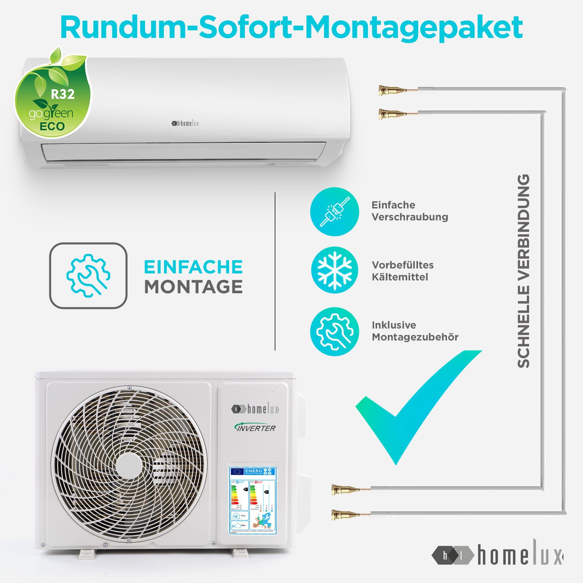 Homelux Split-Klimagerät ACS, mit WiFi/App Funktion, Kühlen A++/ Heizen A+ 9000 BTU/h (2.600 Watt)