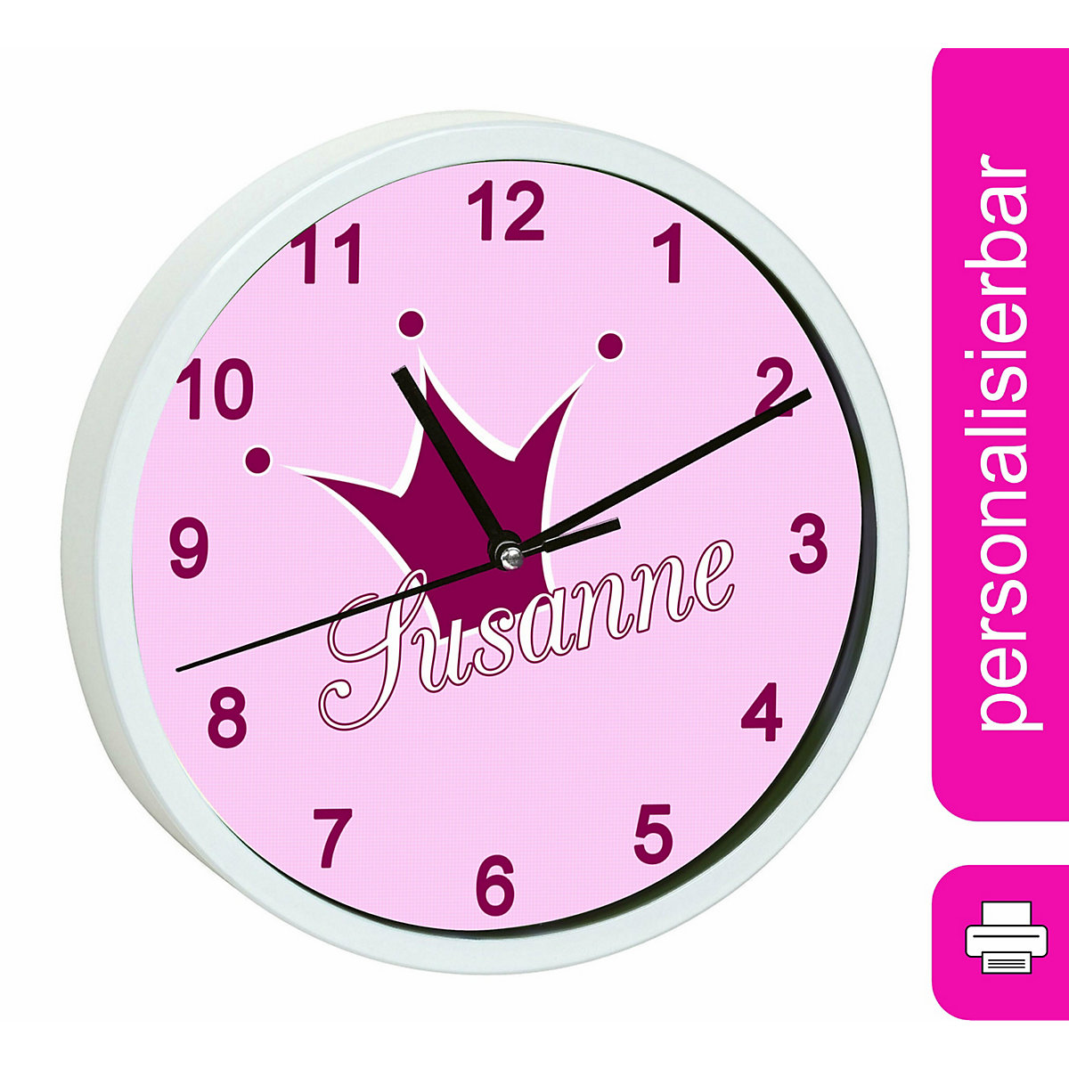 Kinder Wanduhr laufruhig personalisiert mit Name Krone pink