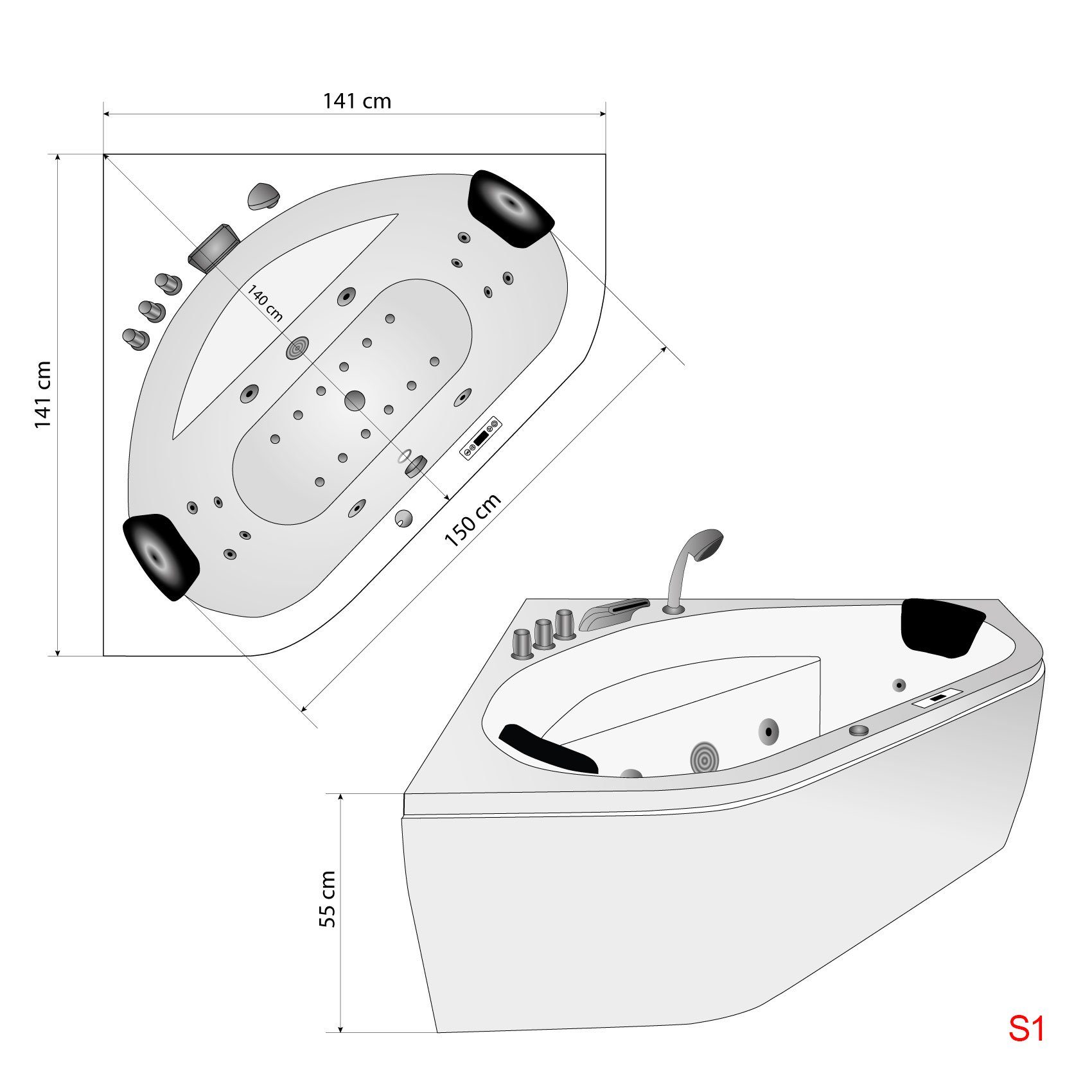 AcquaVapore Whirlpool-Badewanne Whirlpool Badewanne Eckwanne W20H-ALL 140x140cm