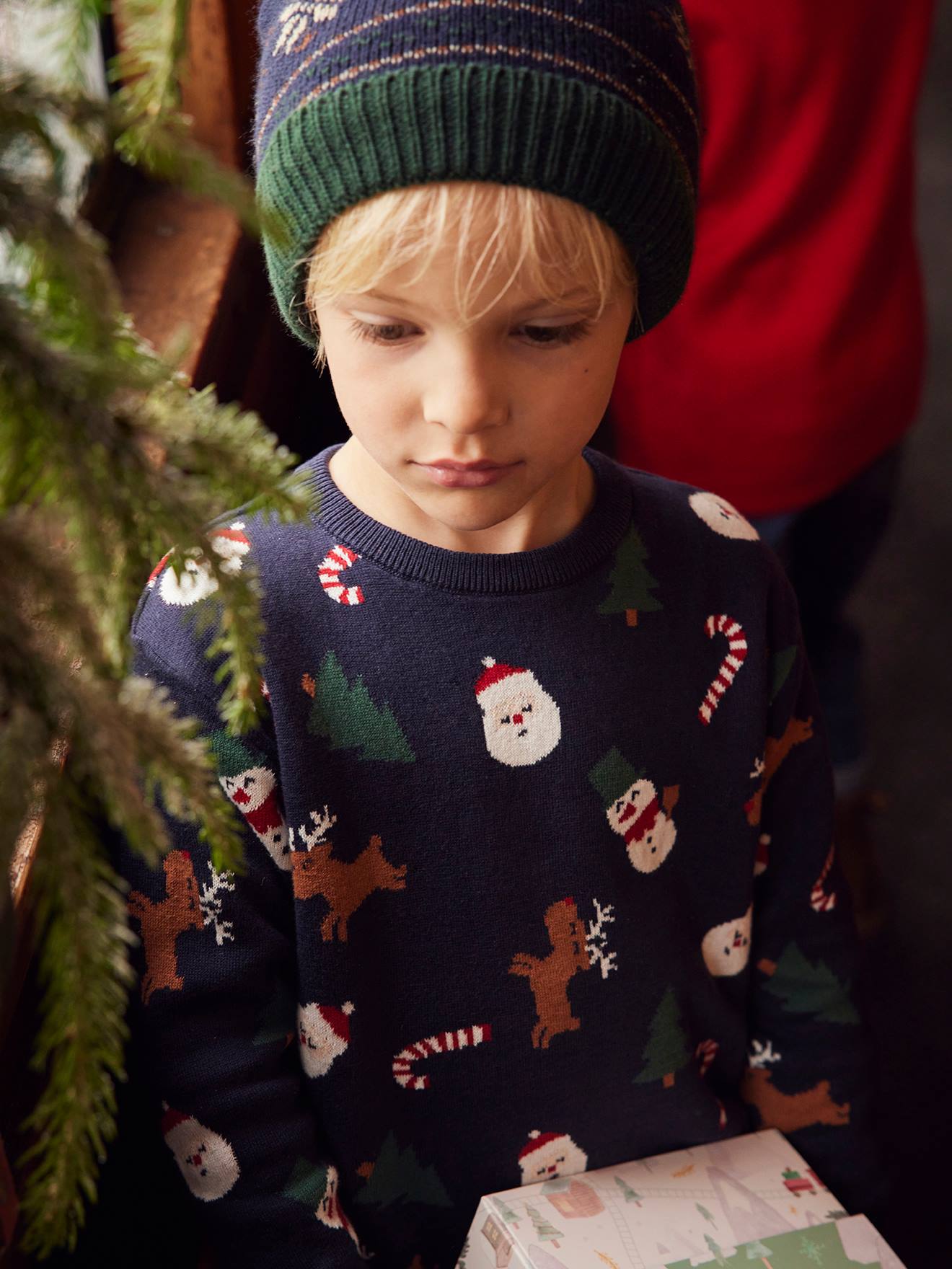 Pull jacquard de Noël garçon motifs ludiques bleu foncé