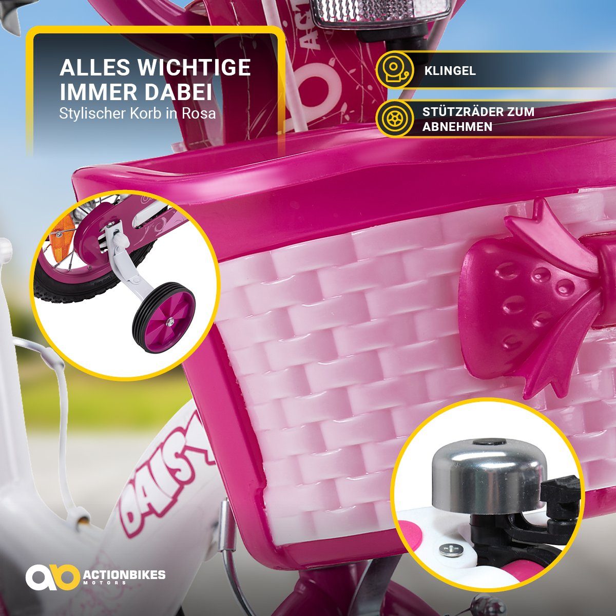 Actionbikes Motors Kinderfahrrad Kinder Mädchen Fahrrad Daisy inkl. Korb, 1 Gang, ohne Schaltung, (12 Zoll, ab 95 cm Körpergröße, max. Zuladung 35 kg, Trinkflasche inkl. Halterung, abnehmbare Stützräder, Klingel, Reflektoren, Antirutschgriffe, Lenker