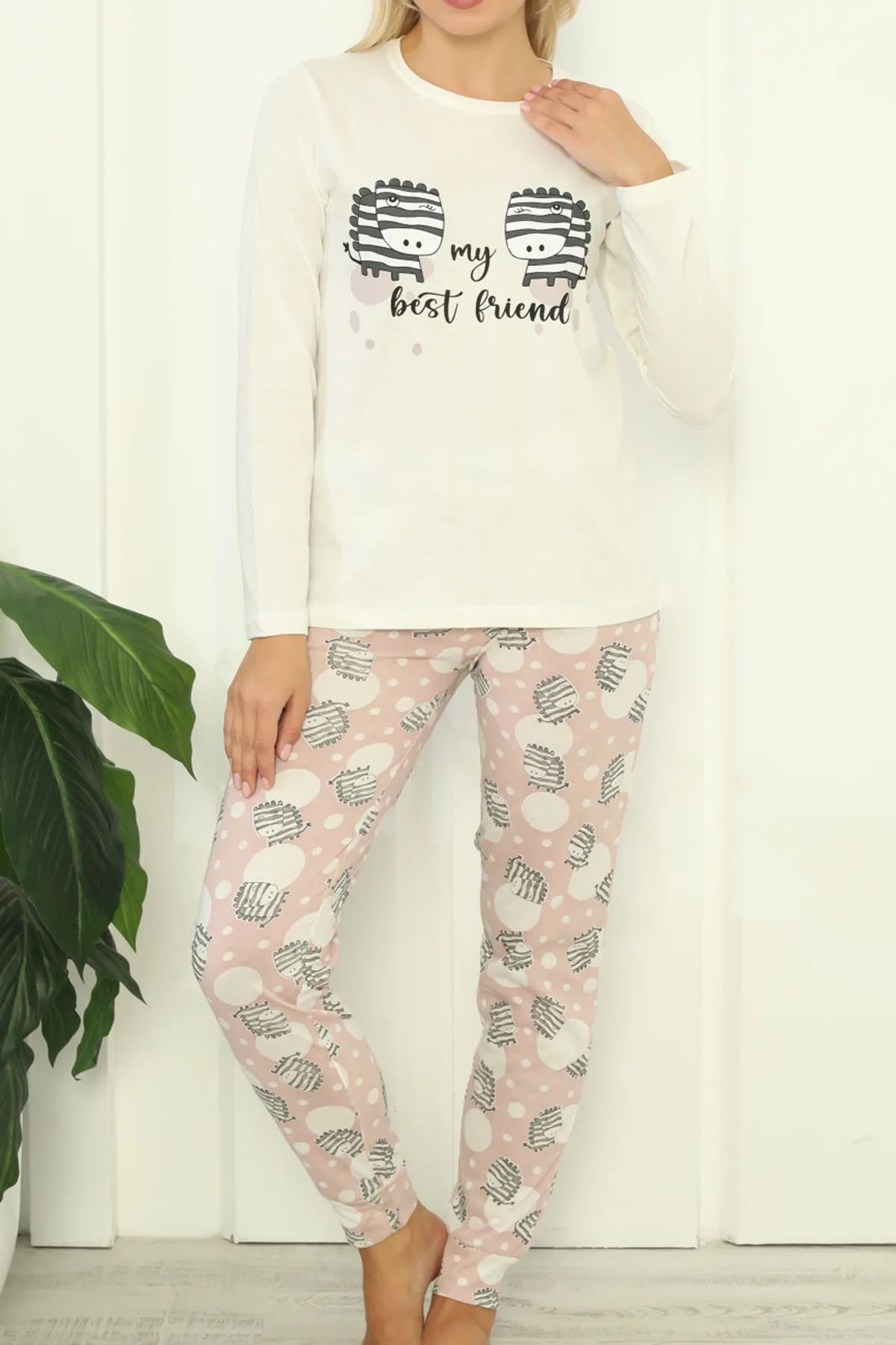 Lady Secret  Damen-Pyjama-Set mit langen Ärmeln, Baumwolle, ECRU