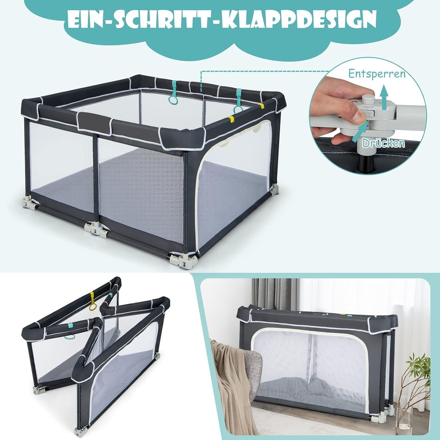 KOMFOTTEU Laufstall Baby, mit Atmungsaktivem Netz & Reißverschluss, 124 x 124cm