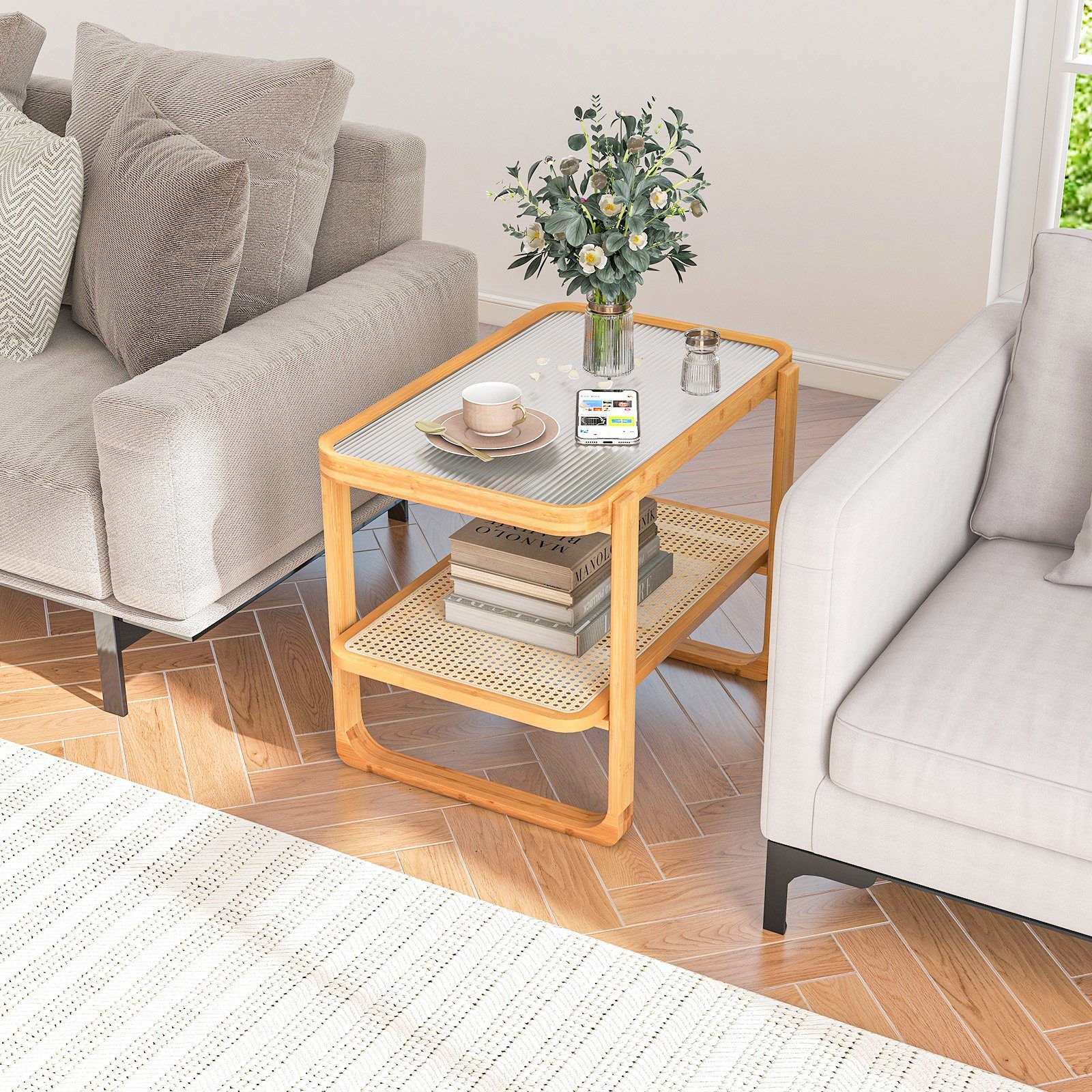 COSTWAY Beistelltisch, mit Glasplatte&Rattanablage, Bambus, 70,5x44,5x54,5cm