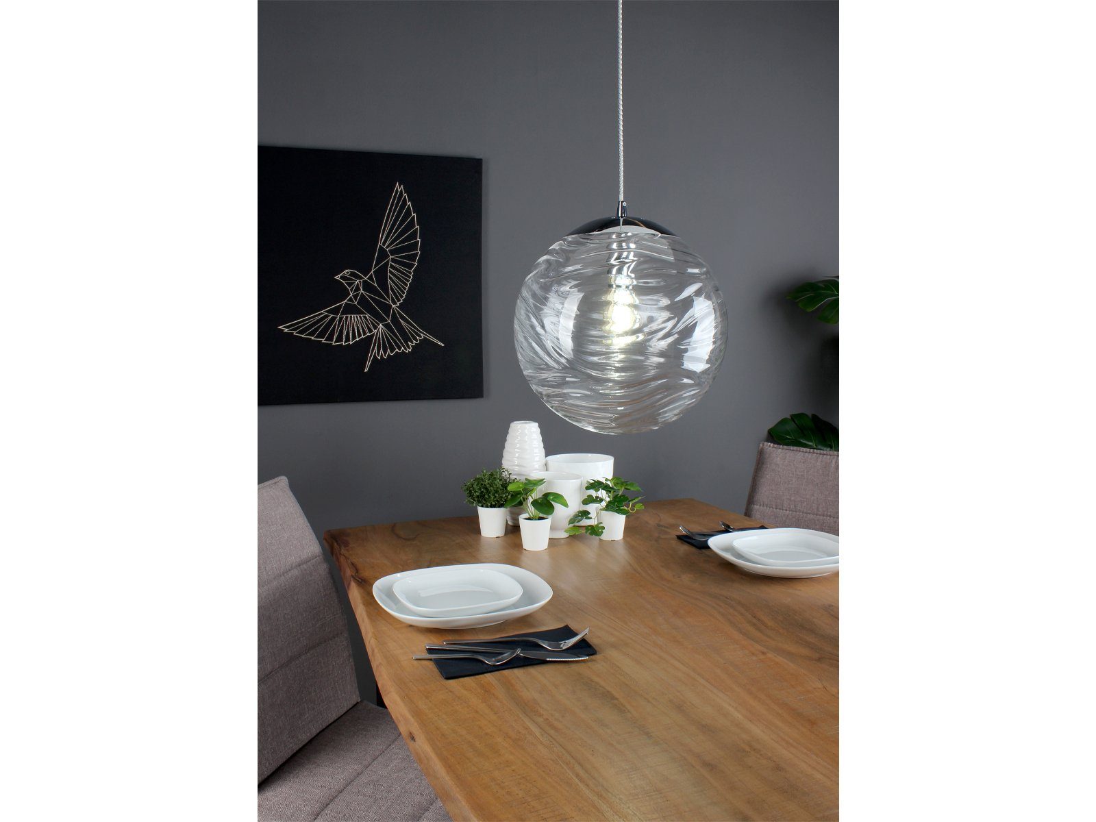 meineWunschleuchte LED Pendelleuchte, Dimmfunktion, LED wechselbar, Warmweiß, Designer Glas-kugel für über-n Esstisch & Kücheninsel hängend, Ø 33cm