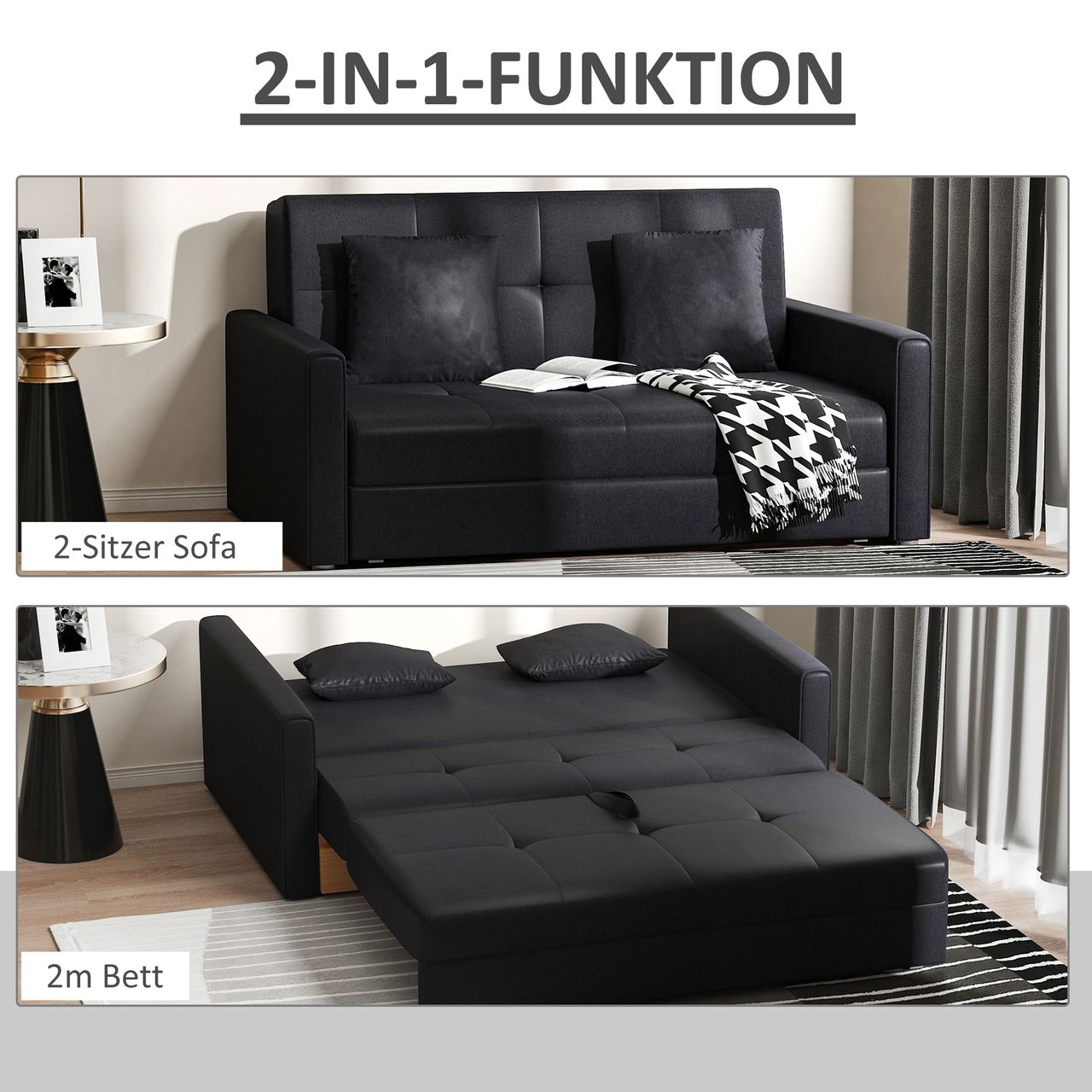 HOMCOM Schlafsofa 2-Sitzer Sofa Polstersofa mit Stauraum, Rückenkissen Kohlegrau