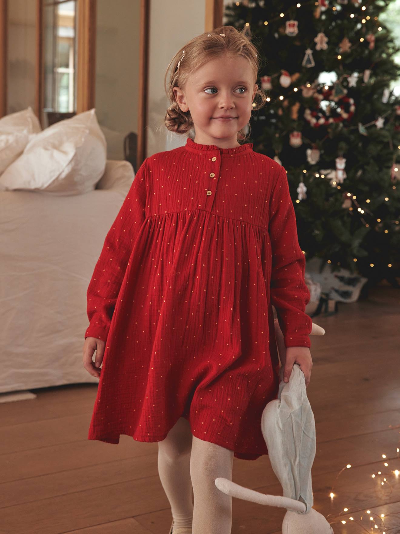 Vertbaudet Mädchen Kleid mit Glanztupfen, Musselin - grün bedruckt