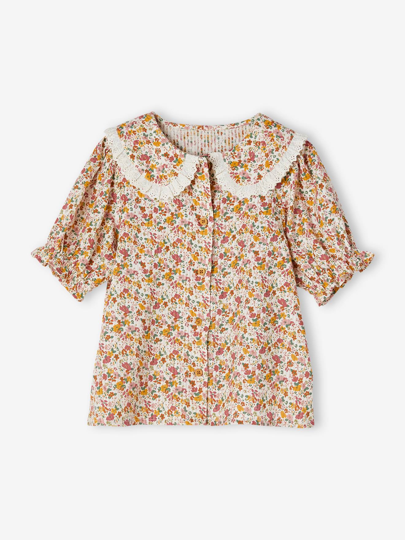 Chemise à fleurs col claudine fille manches courtes écru