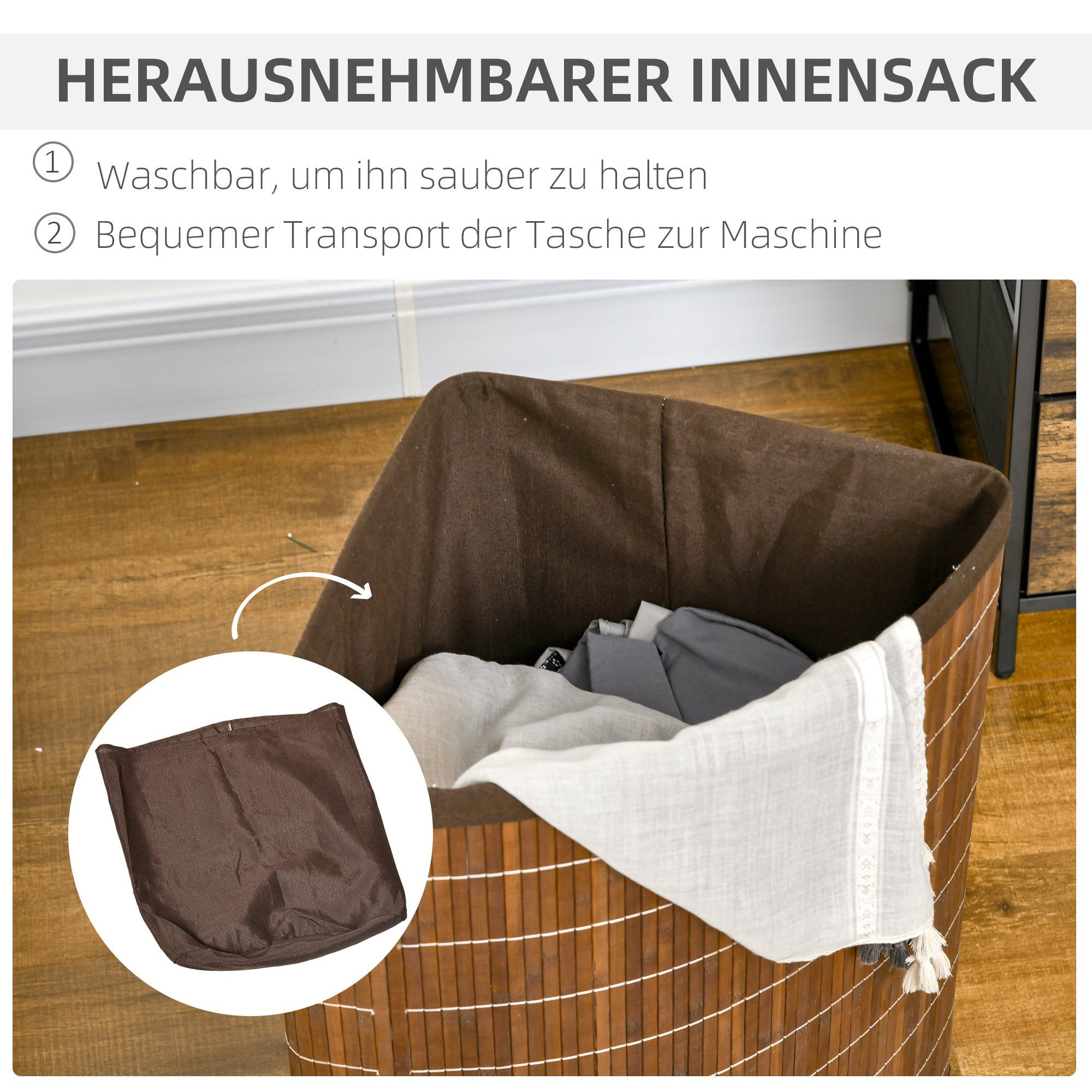 HOMCOM Wäschekorb Waschekorbsammler, Wäschesortierer mit herausnehmbarem Wäschesack (Wäschesammler, 1 St., Wäschebox), für Badezimmer, Bambus, Braun