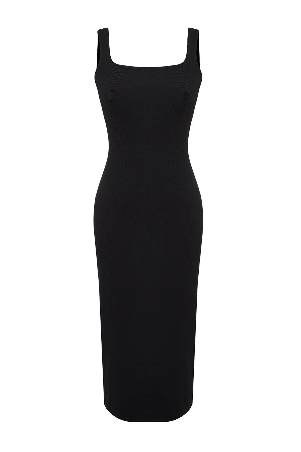 Trendyol Collection  Schwarzes, tailliertes, flexibles Midi-Bleistiftkleid aus Strick mit quadratischem Ausschnitt und Trägern TWOSS24EL00181