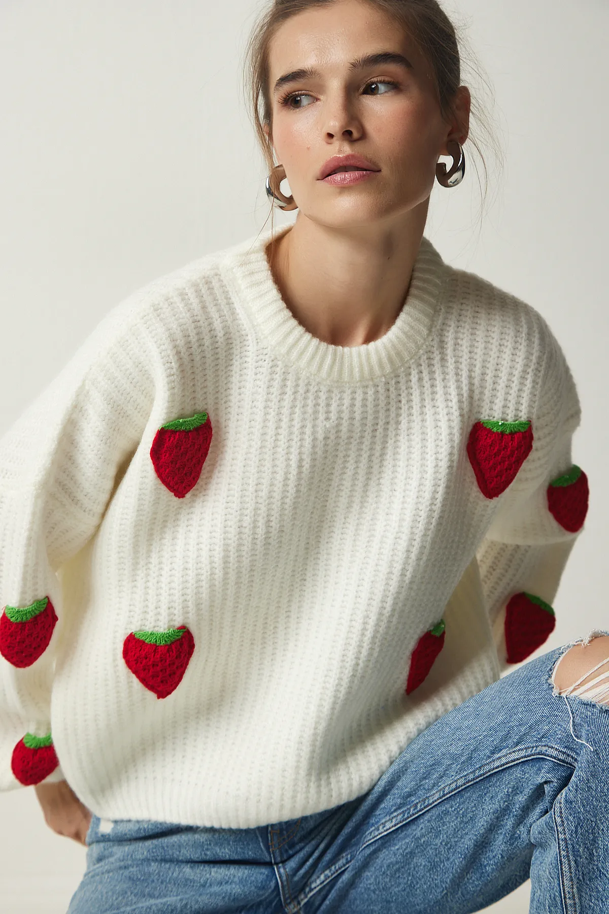 Happiness İstanbul  Damen-Strickpullover mit Erdbeerstruktur in Knochenform PF00022
