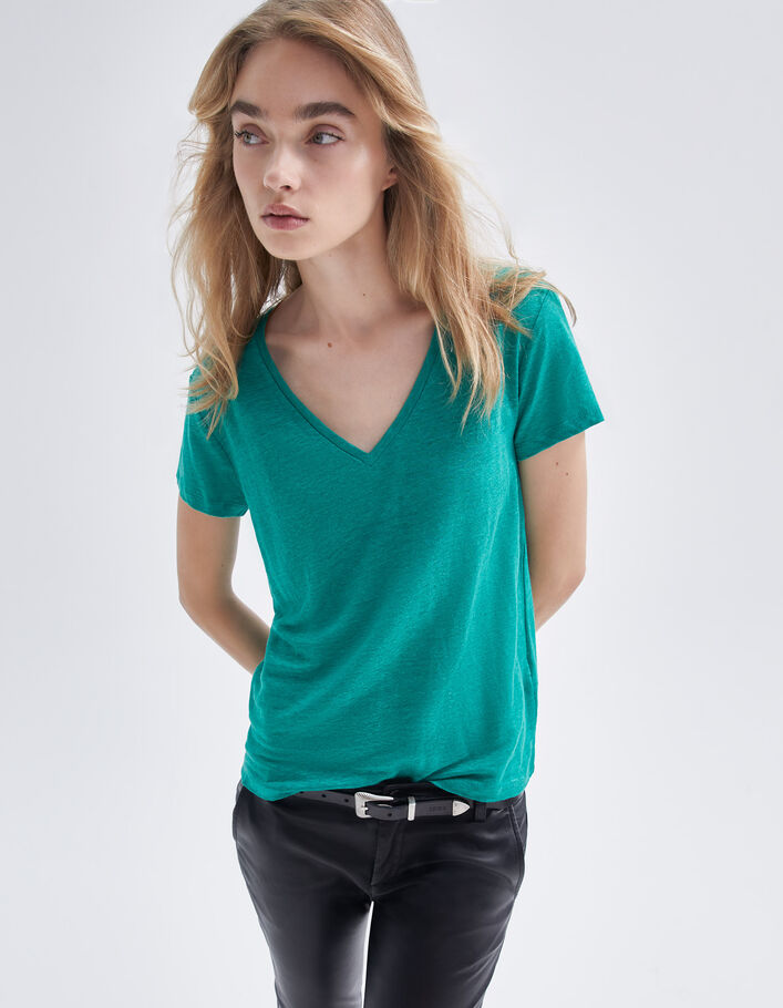 Tee-shirt menthe en maille de lin brodée Femme