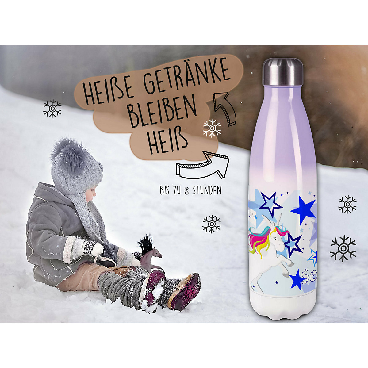 Edelstahl Kinder Thermoflasche / Trinkflasche bunt Pegasus Sterne Farbe blau Spülmaschinenfest, Auslaufsicher, Bruchfest, Doppelwandig, Für Heißgetränke geeignet, Mit Deckel, Isoliert