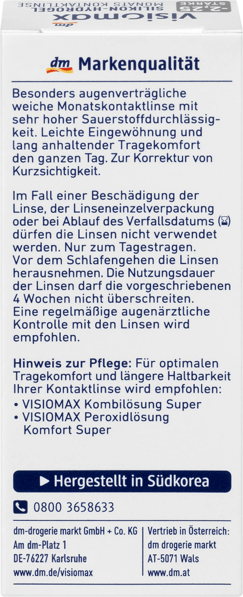 Silikon-Hydrogel Monatskontaktlinse Dioptrie -2,25, 1 St